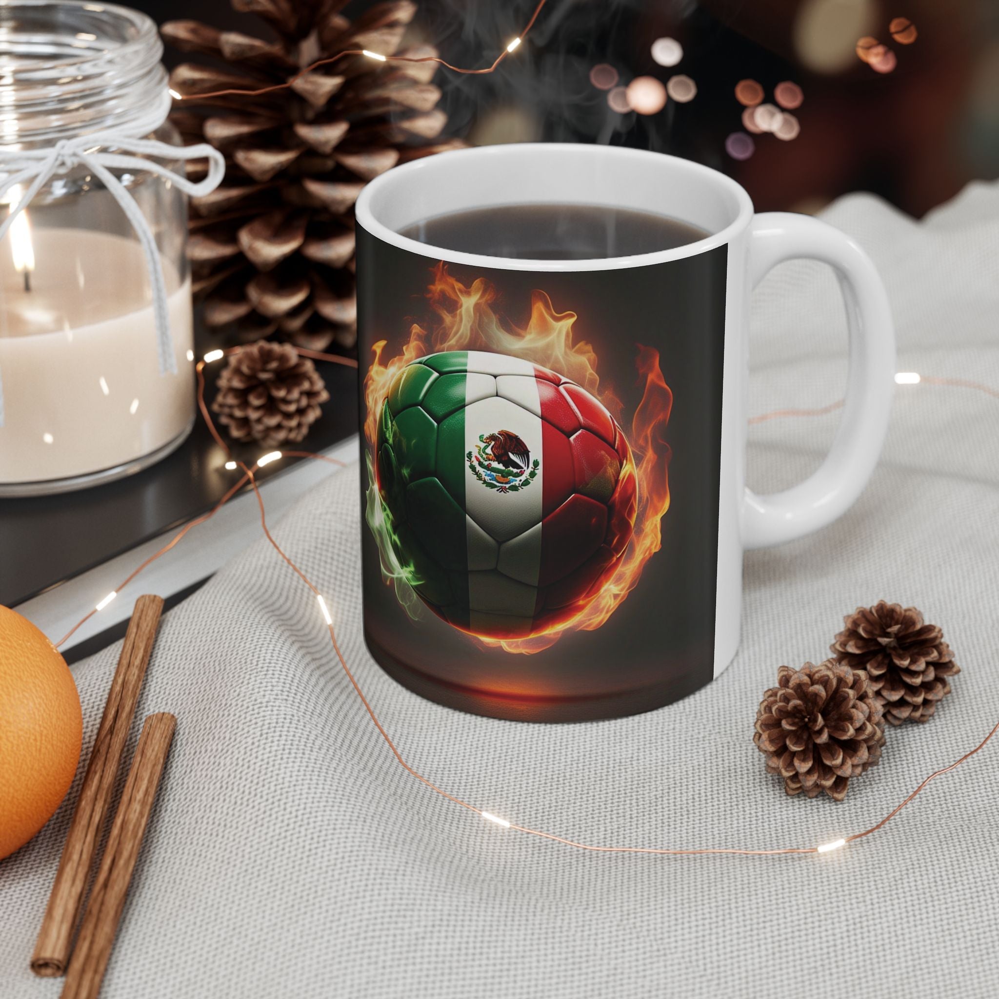 Taza de fútbol - Taza de cerámica con balón de fútbol y bandera mexicana (11oz, 15oz)