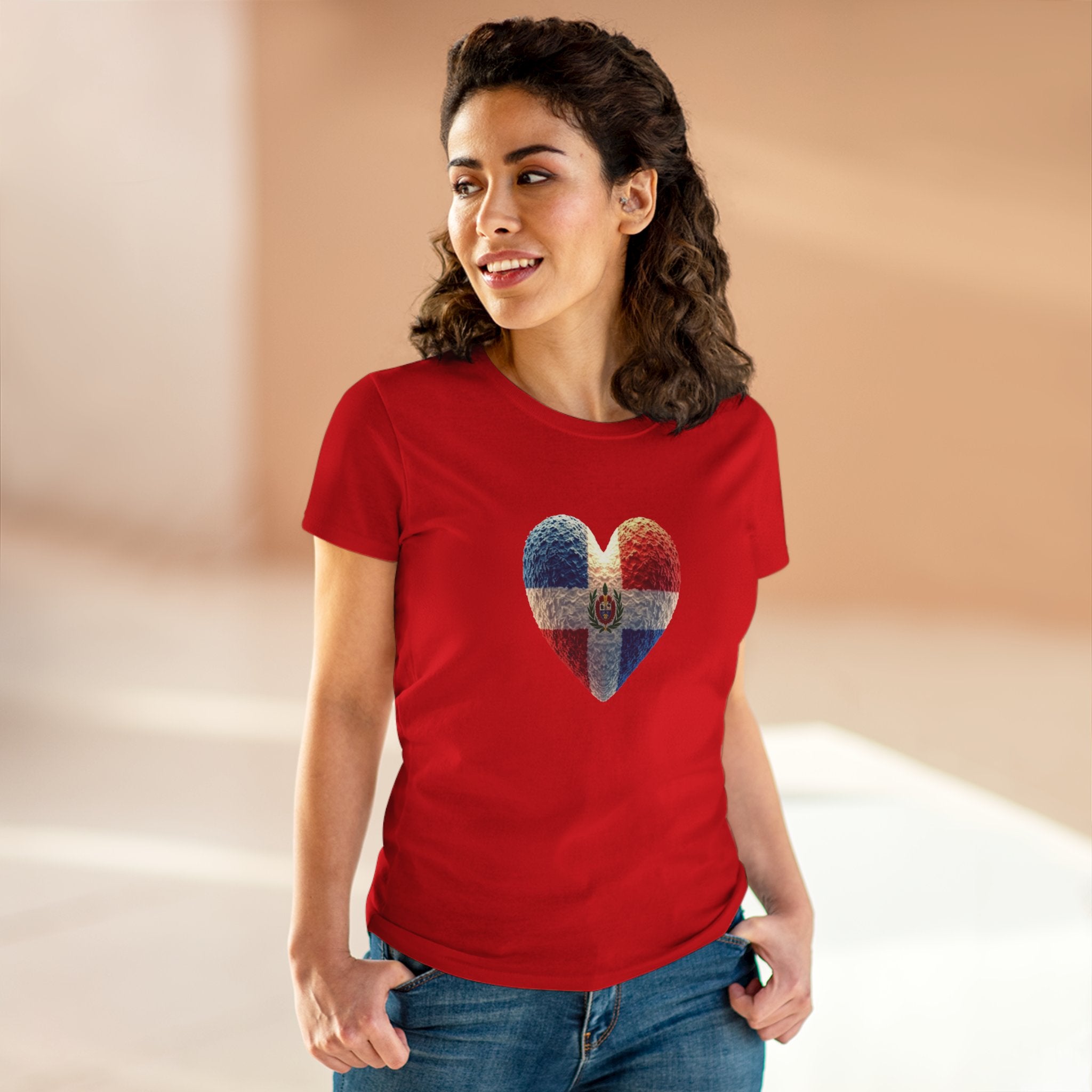 Camiseta con estampado de corazón de República Dominicana para mujer - Algodón cómodo de peso medio