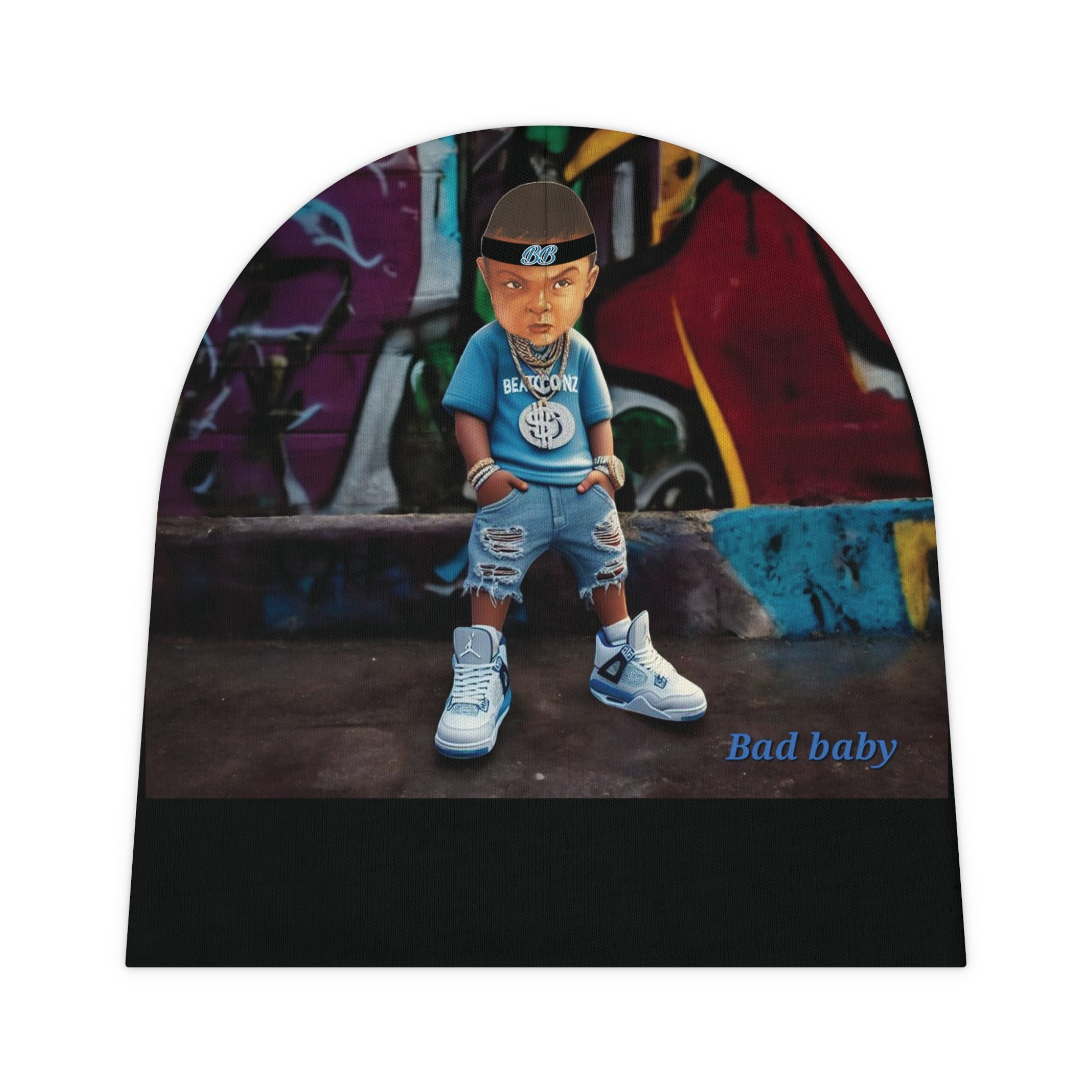 Bad baby Beanie (AOP) ( Background is AI  )  Bad baby brand
