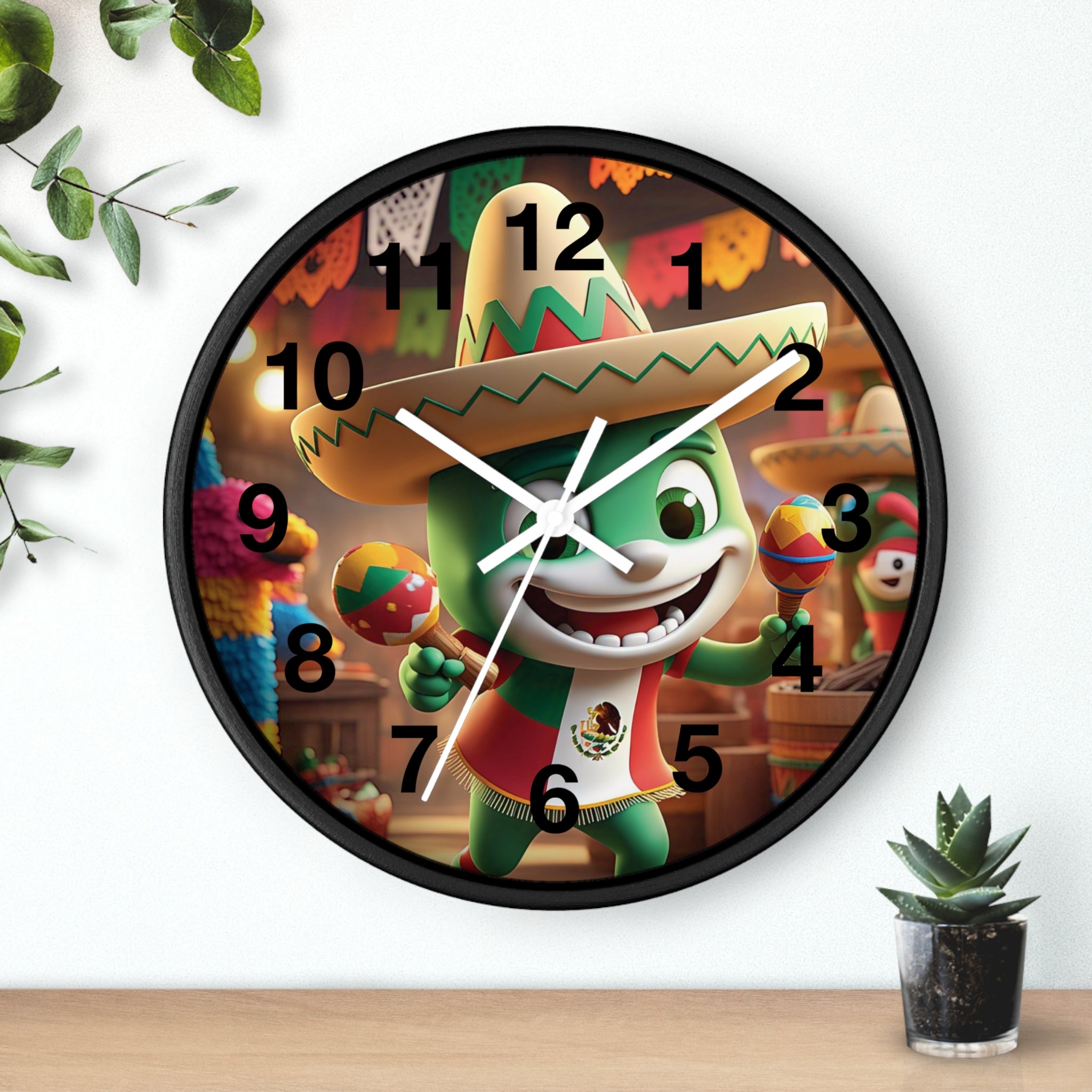 Reloj de pared festivo de temática mexicana con diseño de personajes coloridos