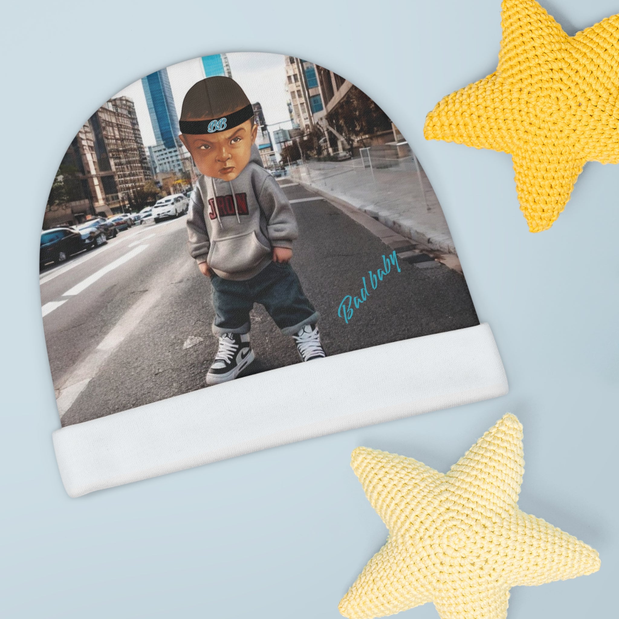 Bad baby Beanie (AOP) ( Background is AI  ) Bad baby brand