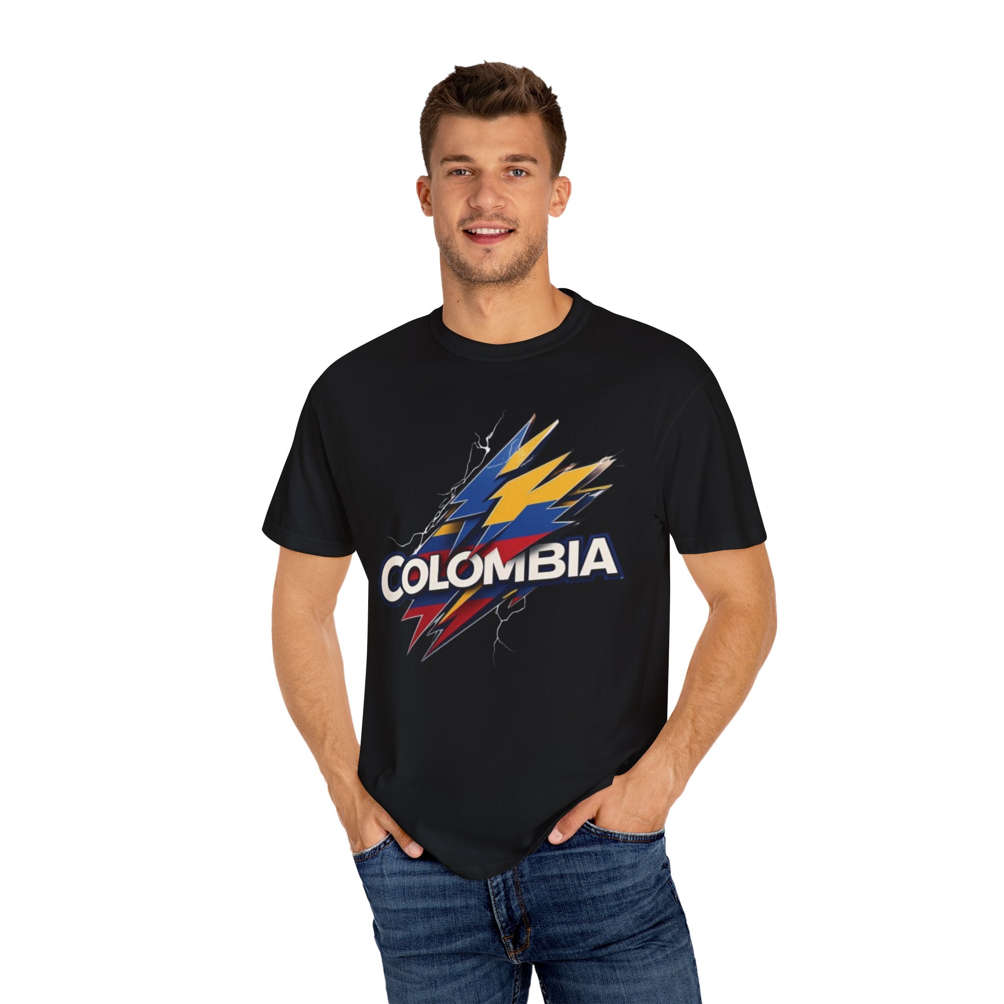 Camiseta unisex teñida en prenda de Colombia - Diseño de rayo llamativo