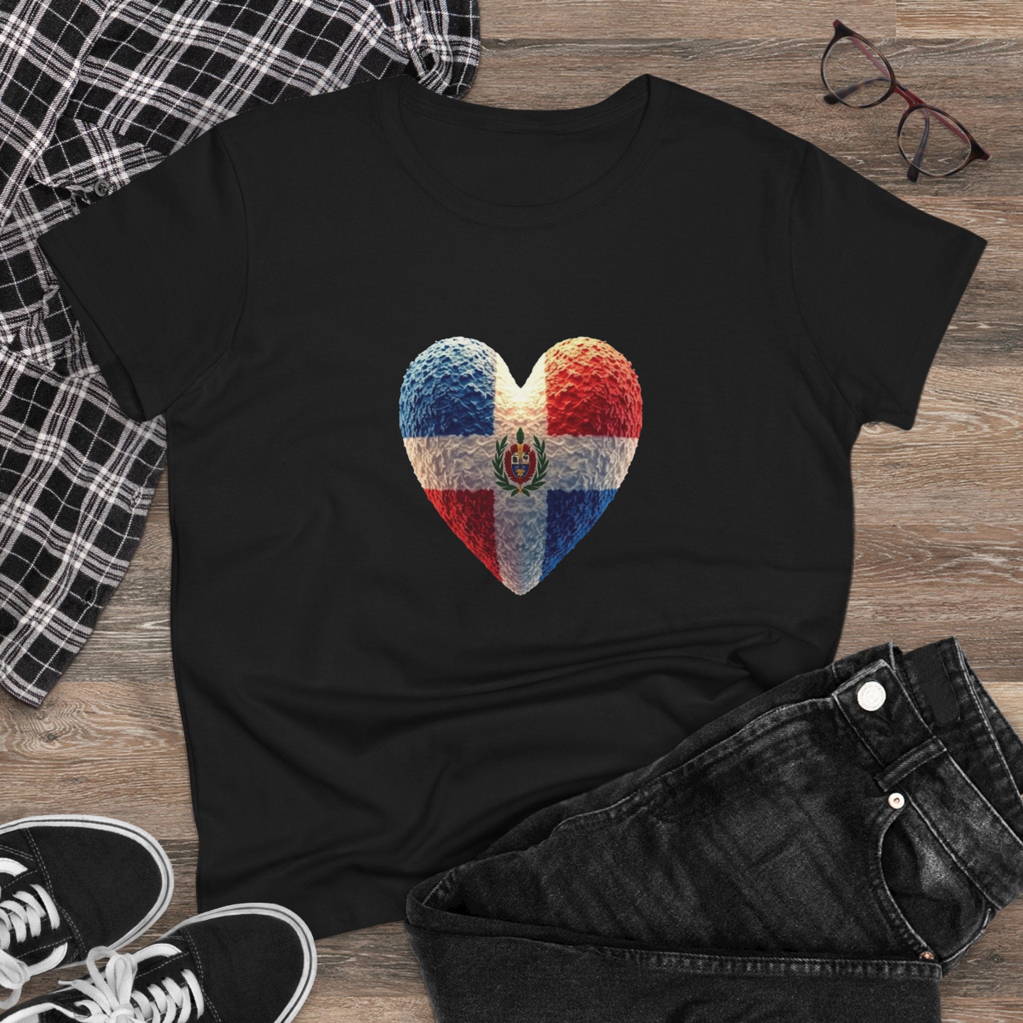 Camiseta con estampado de corazón de República Dominicana para mujer - Algodón cómodo de peso medio