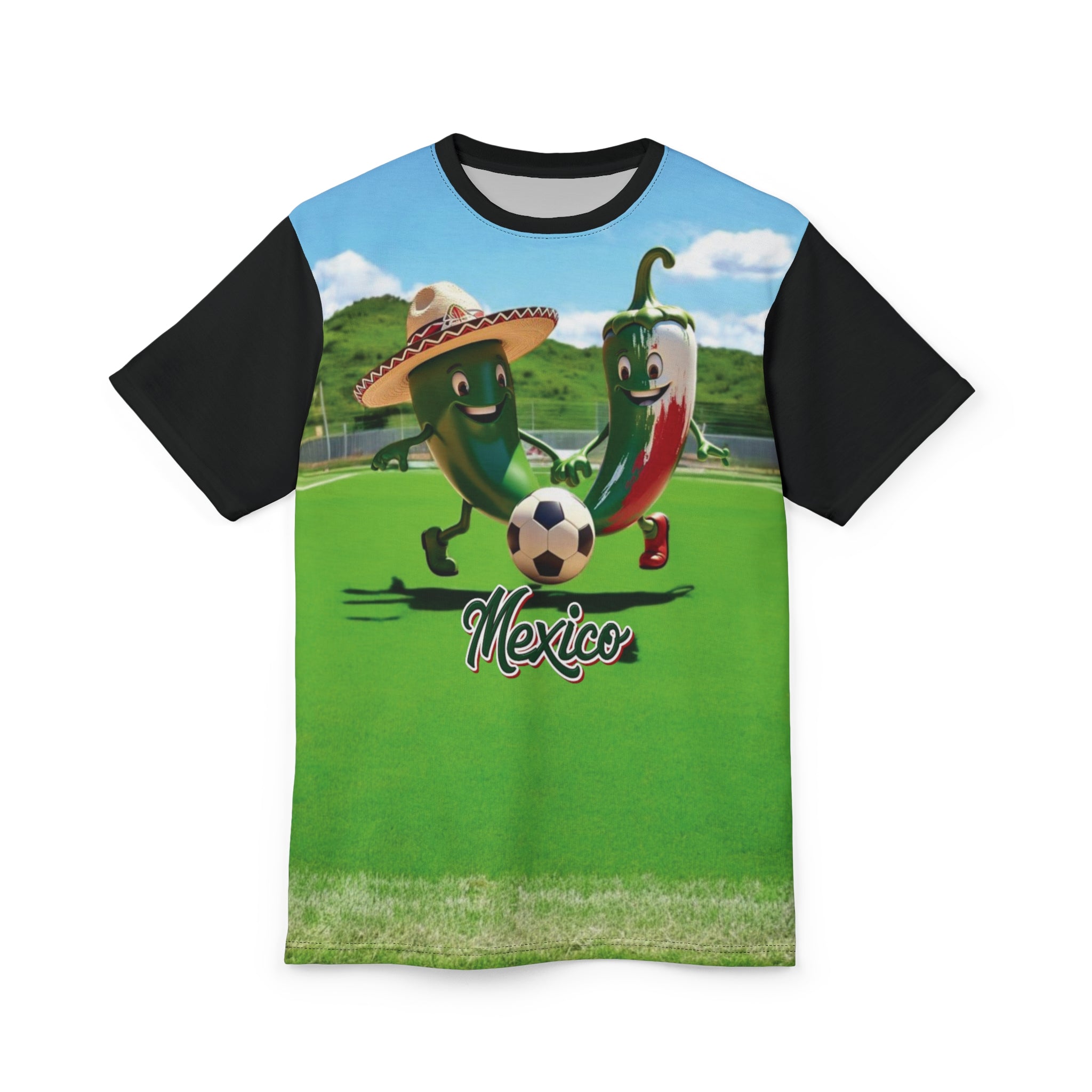 Camiseta unisex de fútbol mexicano divertida con chiles futbolistas