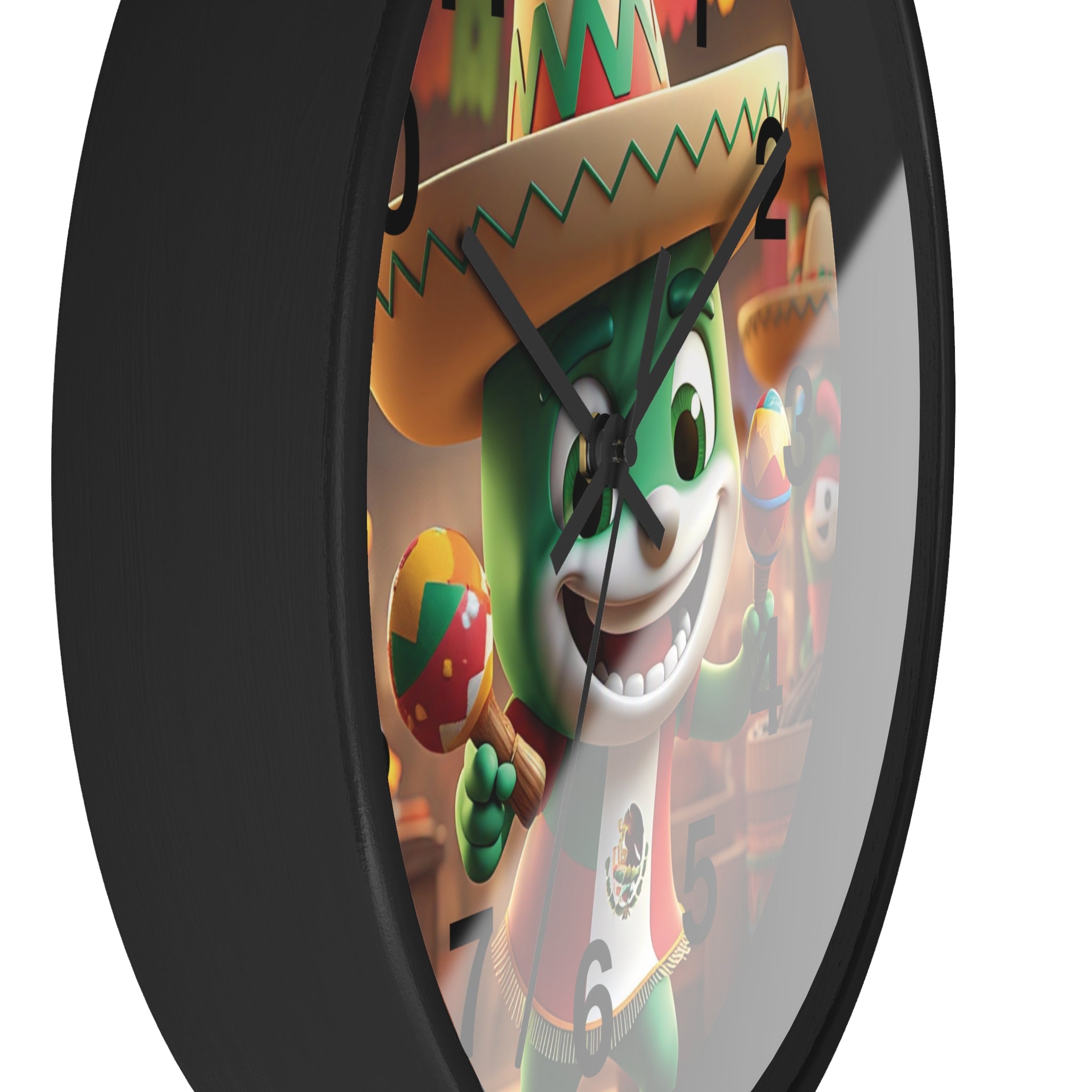 Reloj de pared festivo de temática mexicana con diseño de personajes coloridos