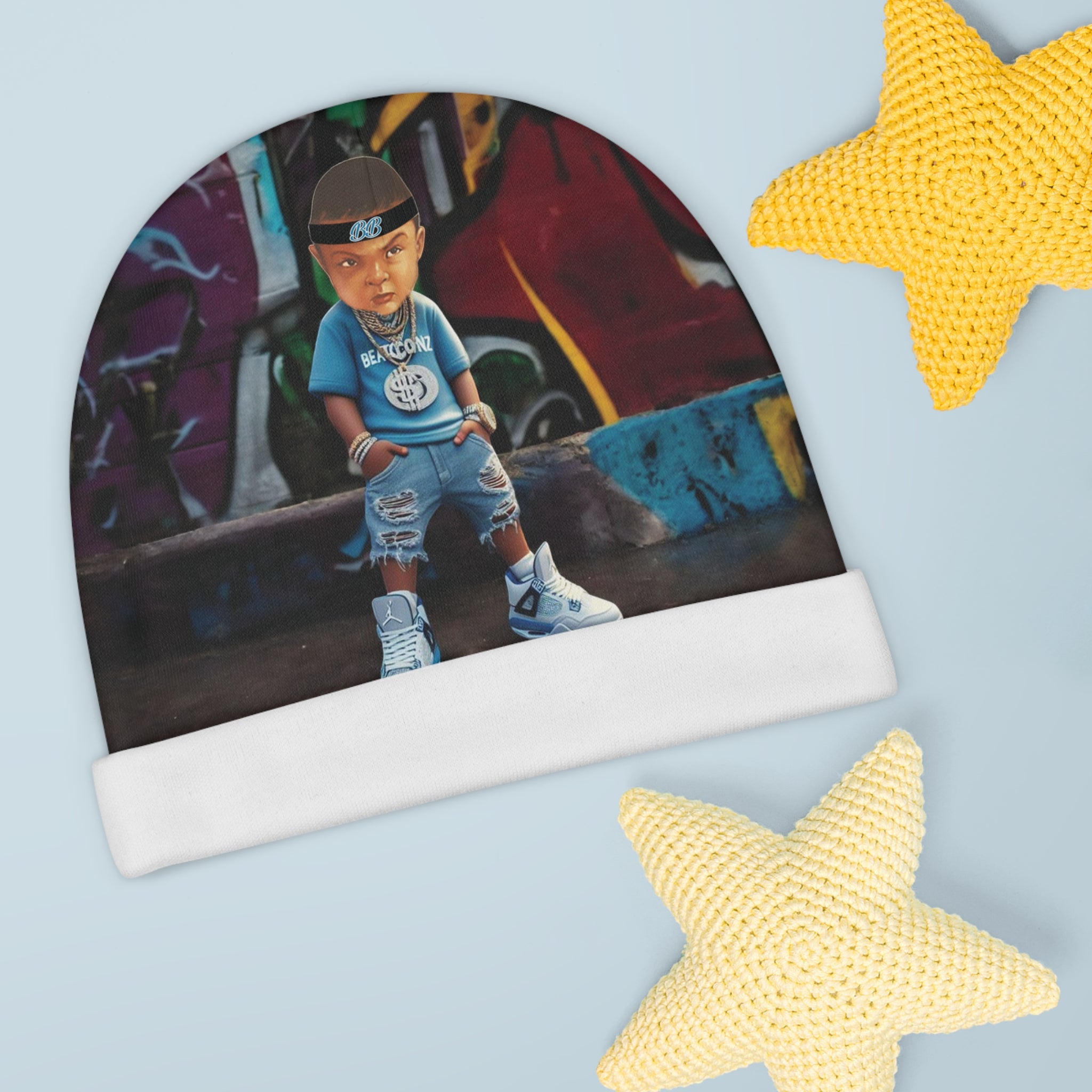 Bad baby Beanie (AOP) ( Background is AI  )  Bad baby brand