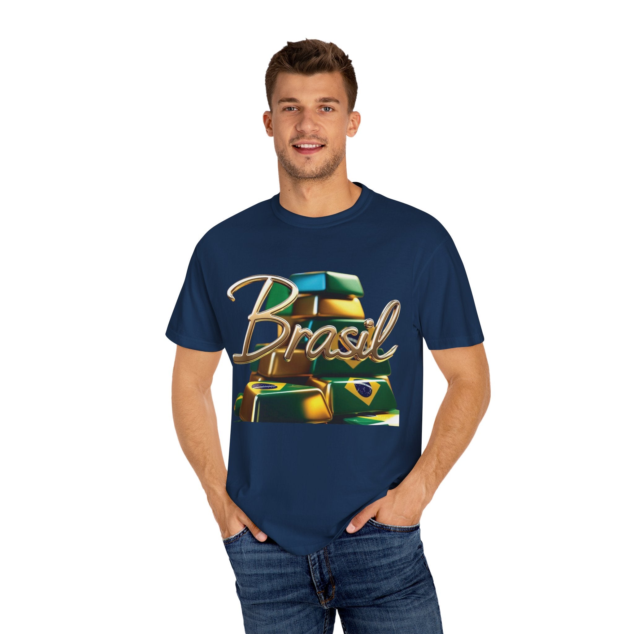 Camiseta unissex tingida com design de barras de ouro do Brasil – perfeita para viajantes e amantes de festivais