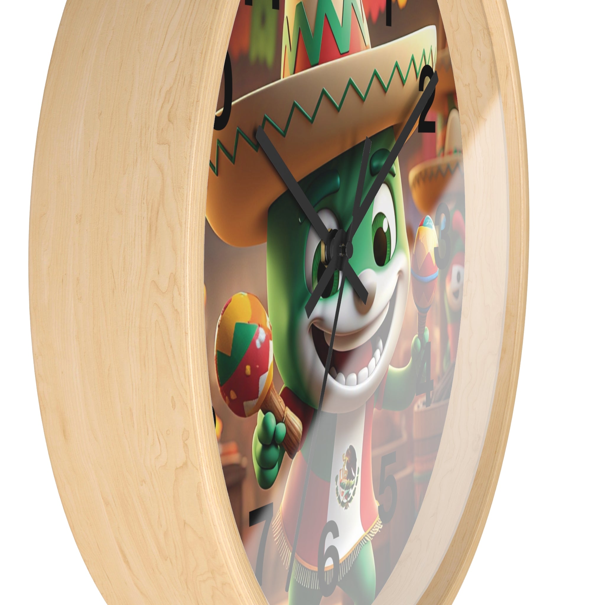 Reloj de pared festivo de temática mexicana con diseño de personajes coloridos