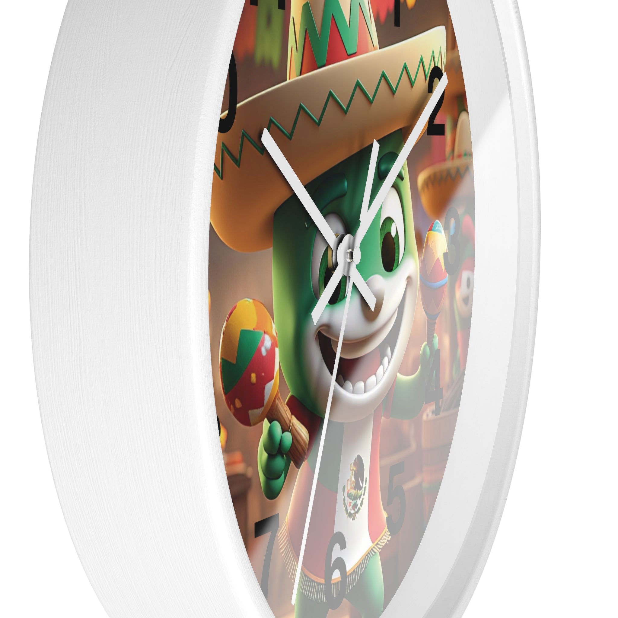 Reloj de pared festivo de temática mexicana con diseño de personajes coloridos