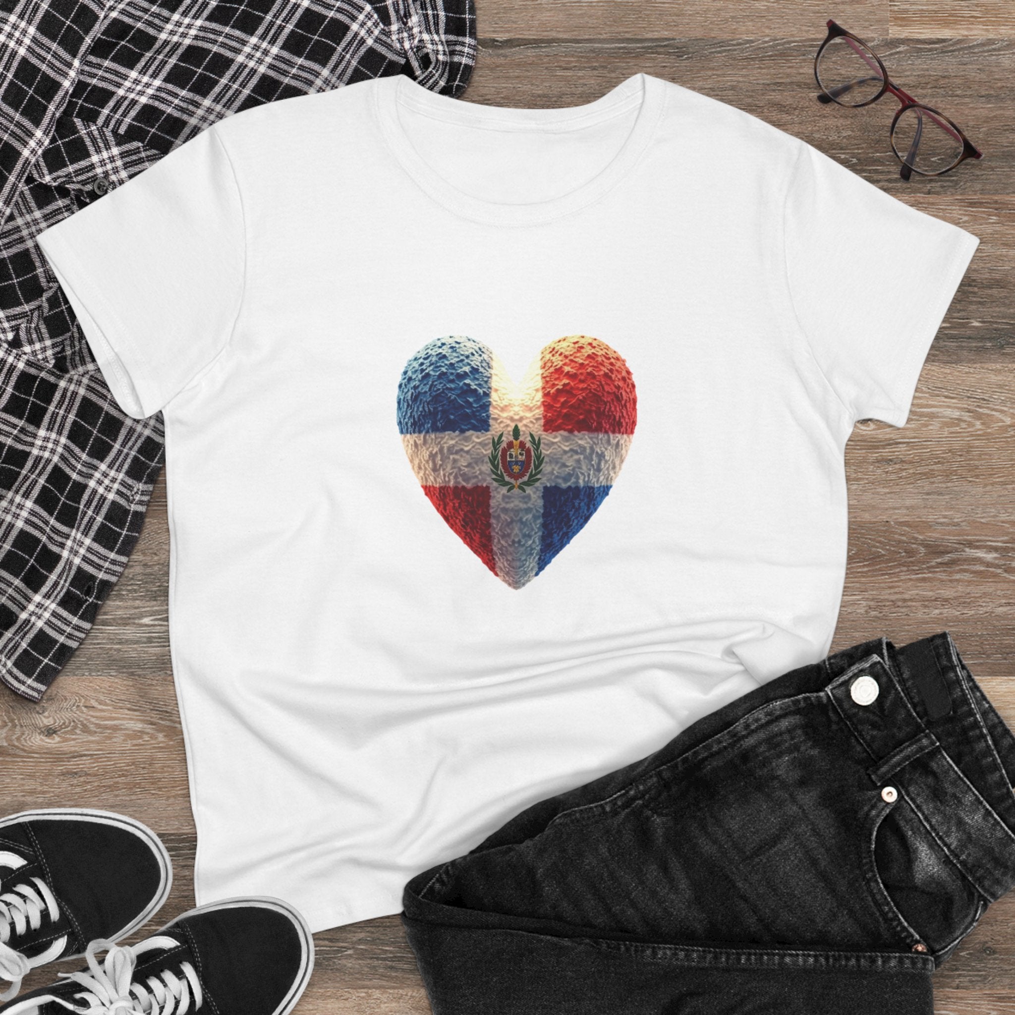 Camiseta con estampado de corazón de República Dominicana para mujer - Algodón cómodo de peso medio