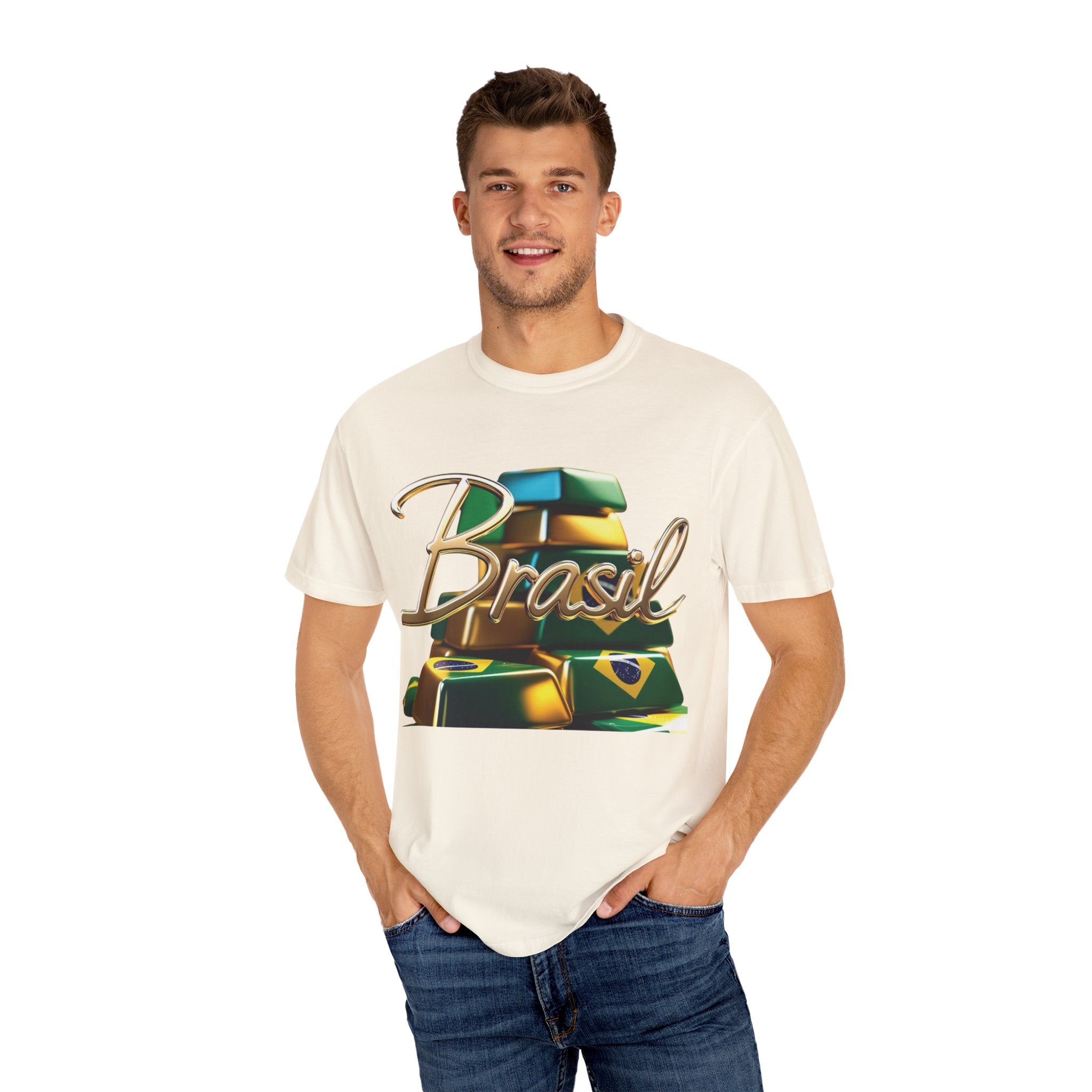 Camiseta unissex tingida com design de barras de ouro do Brasil – perfeita para viajantes e amantes de festivais