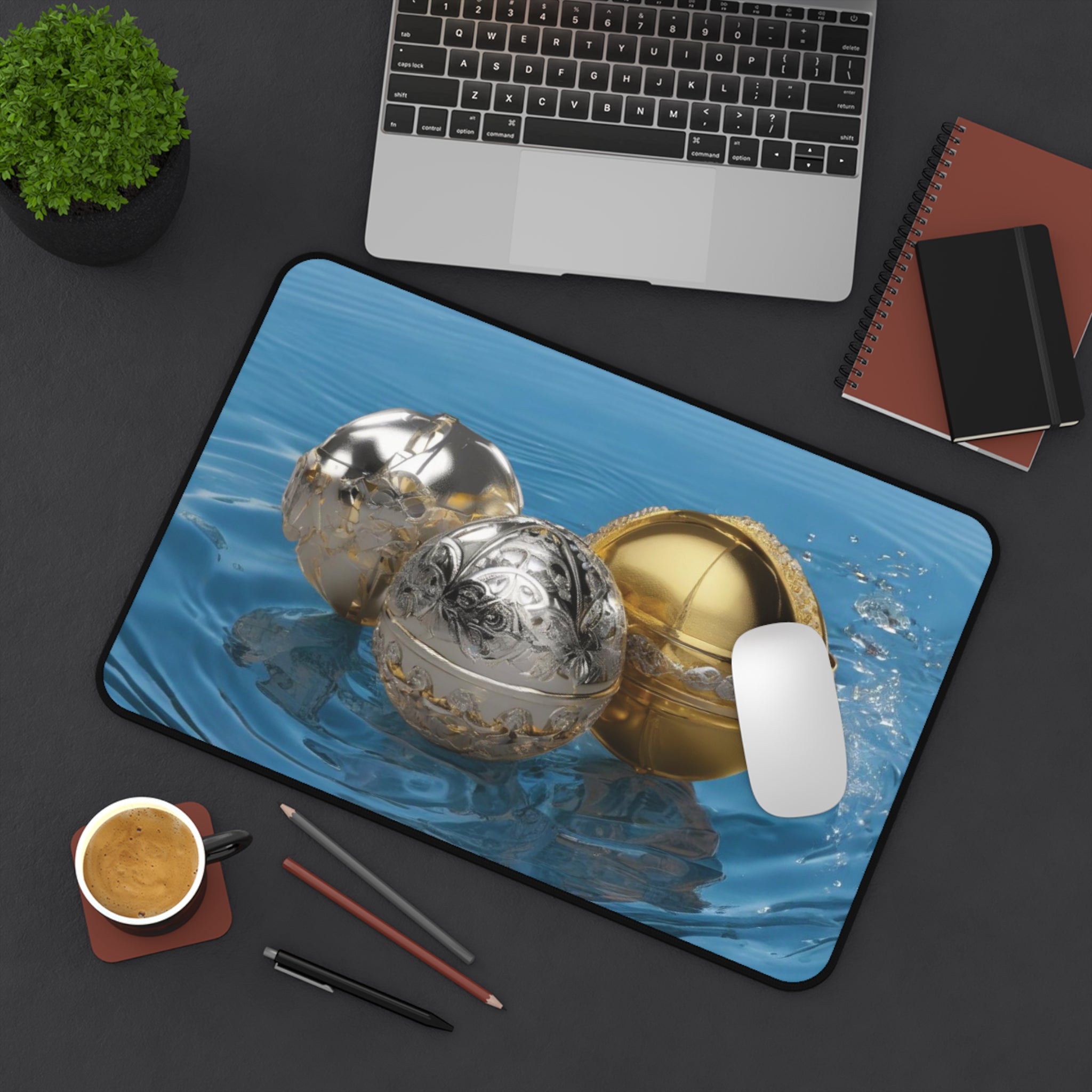 Desk Mat - Cute Gold and Silver Water Balls Design