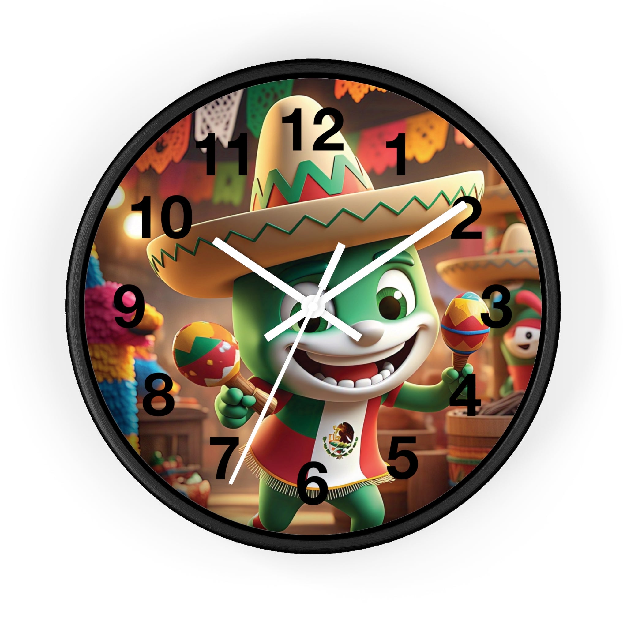 Reloj de pared festivo de temática mexicana con diseño de personajes coloridos
