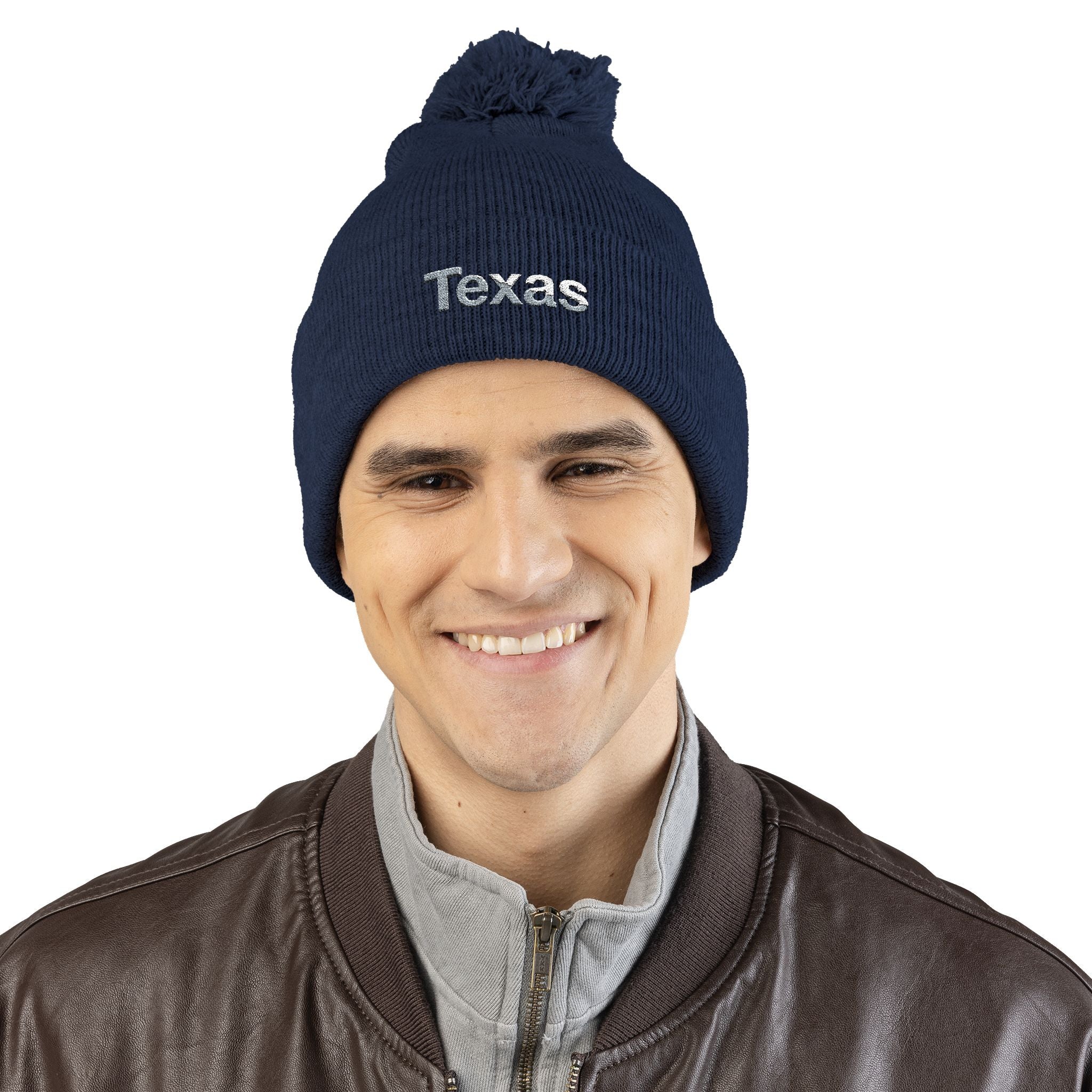 Texas Pom Pom Knit Beanie, Warm Winter Hat, Cute Embroidered Beanie, Fun Gift for Him/Her, Stylish Accessory for Outdoor Adventures.