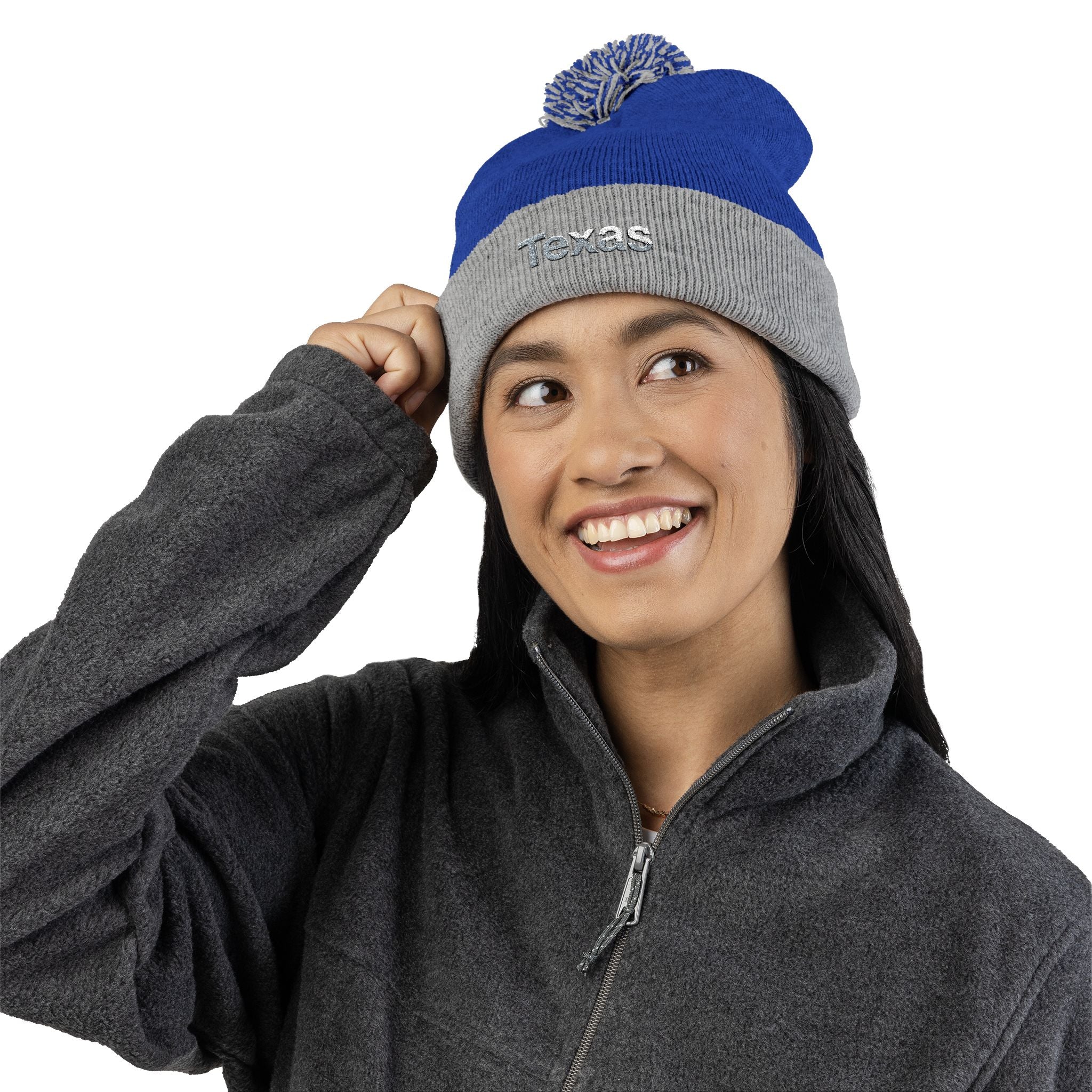Texas Pom Pom Knit Beanie, Warm Winter Hat, Cute Embroidered Beanie, Fun Gift for Him/Her, Stylish Accessory for Outdoor Adventures.