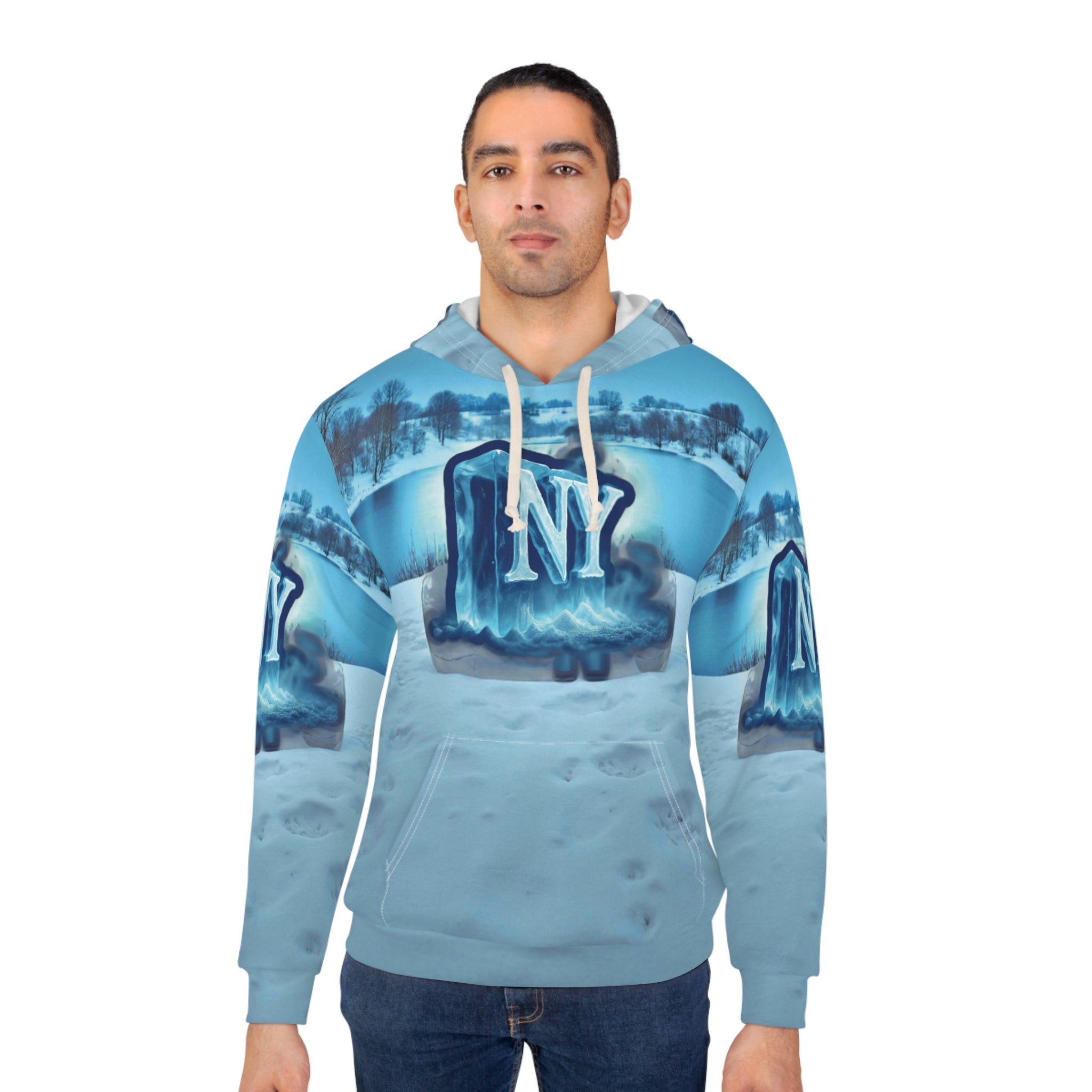 Cozy New York Winter Pullover Hoodie, Unisex Stylish Hoodie, AOP Design, Winter Fashion, Gift for Him and Her, Holiday Wear
