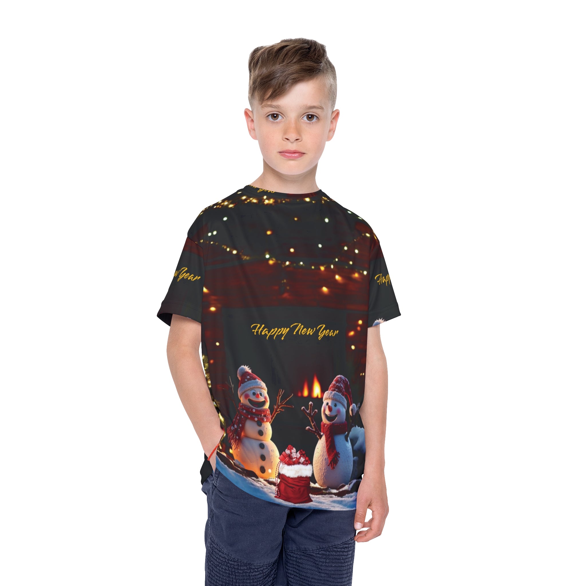 Unisex ,Kids  and Girls T-Shirt Happy New Year Snowmen Christmas Lights