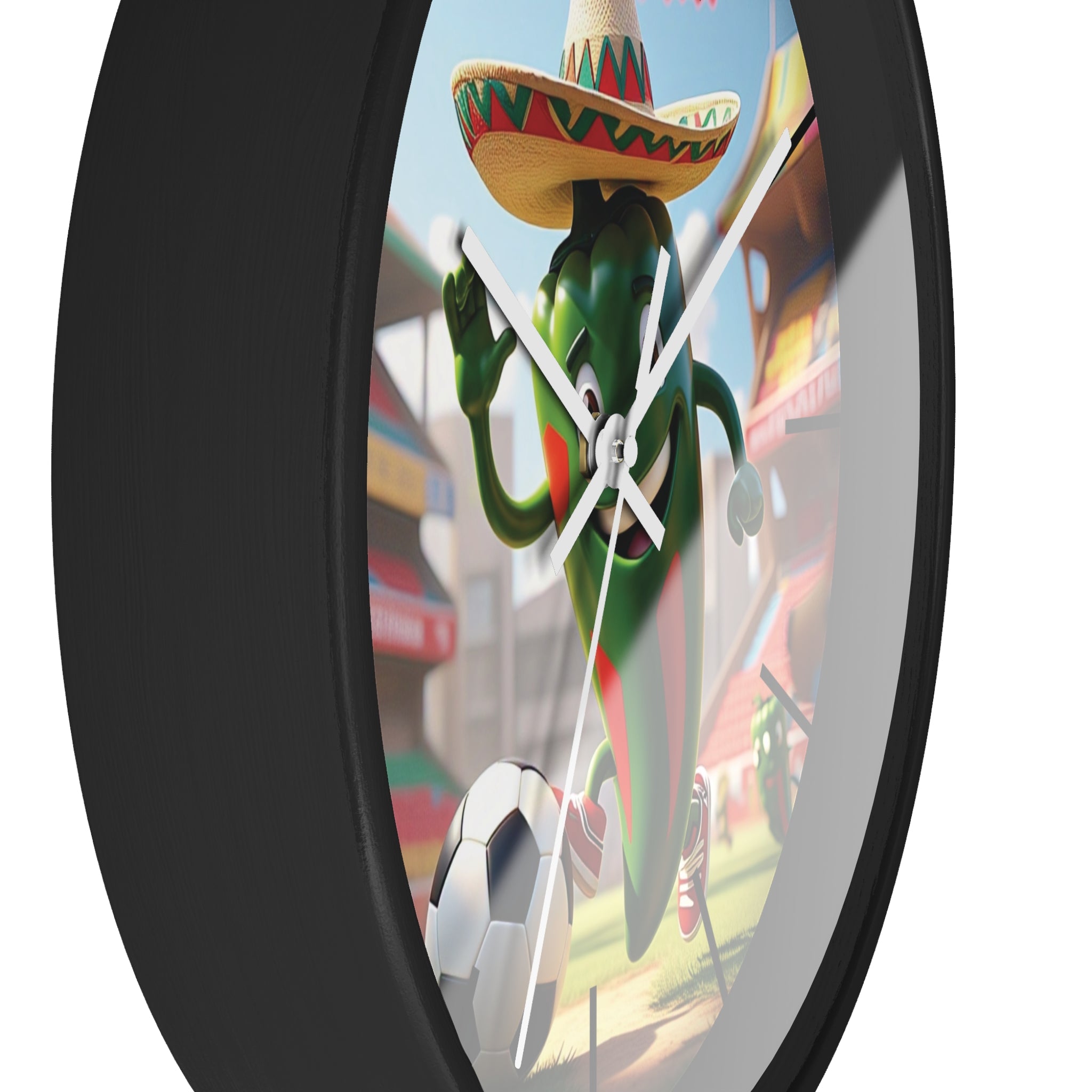Divertido reloj de pared con temática de fútbol y personaje de chile picante