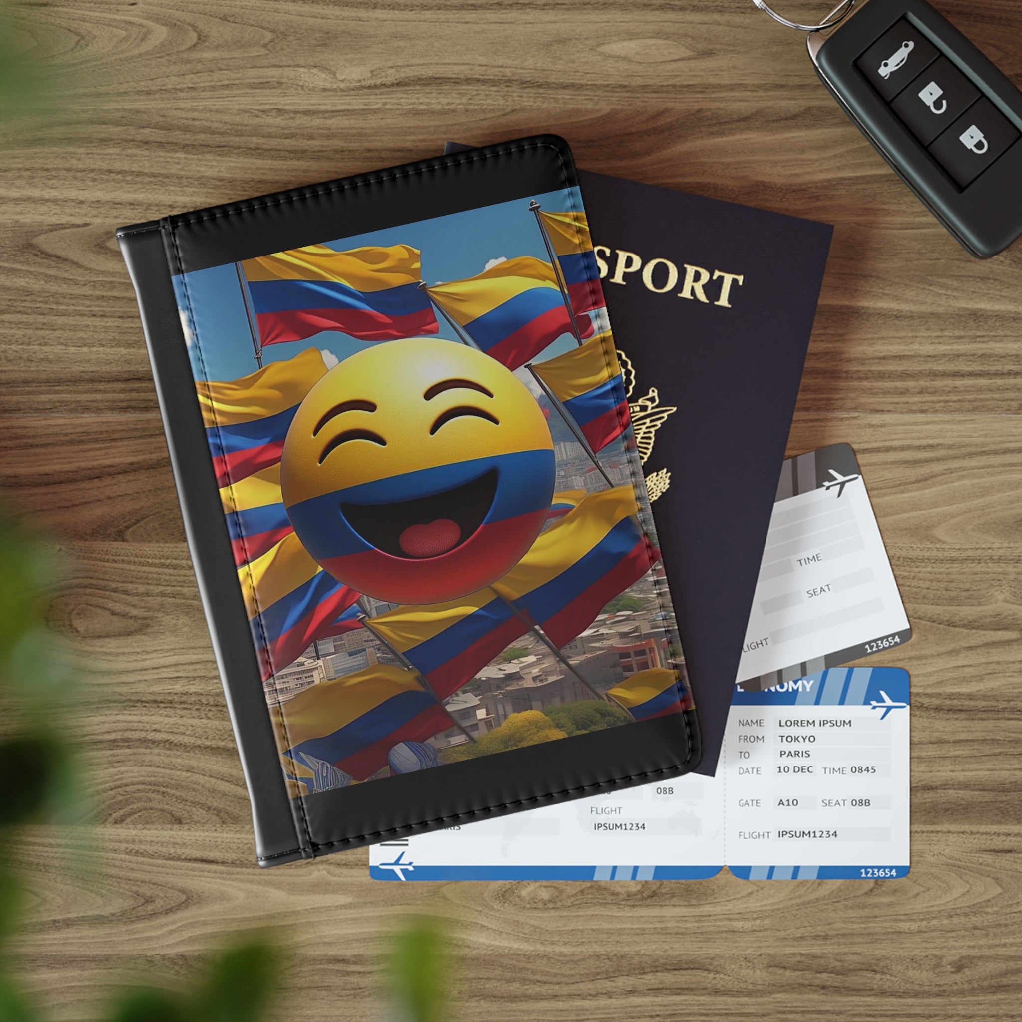 Funda para pasaporte con emojis coloridos, toque colombiano, tema de aventura para viajeros
