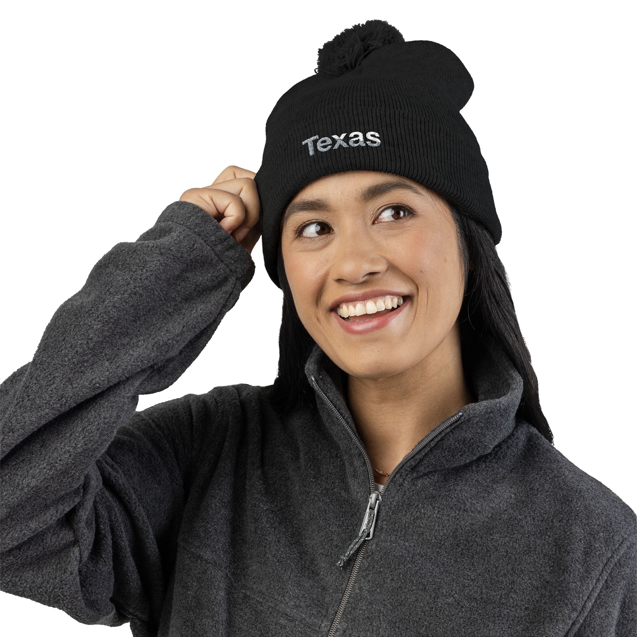Texas Pom Pom Knit Beanie, Warm Winter Hat, Cute Embroidered Beanie, Fun Gift for Him/Her, Stylish Accessory for Outdoor Adventures.