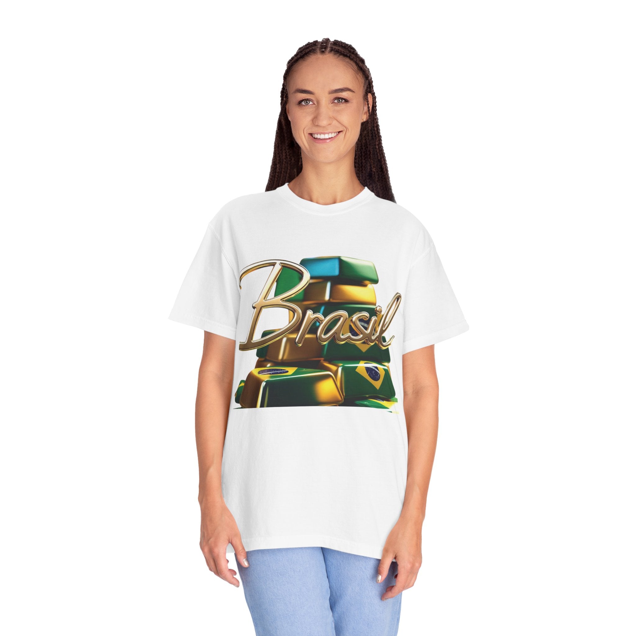 Camiseta unissex tingida com design de barras de ouro do Brasil – perfeita para viajantes e amantes de festivais