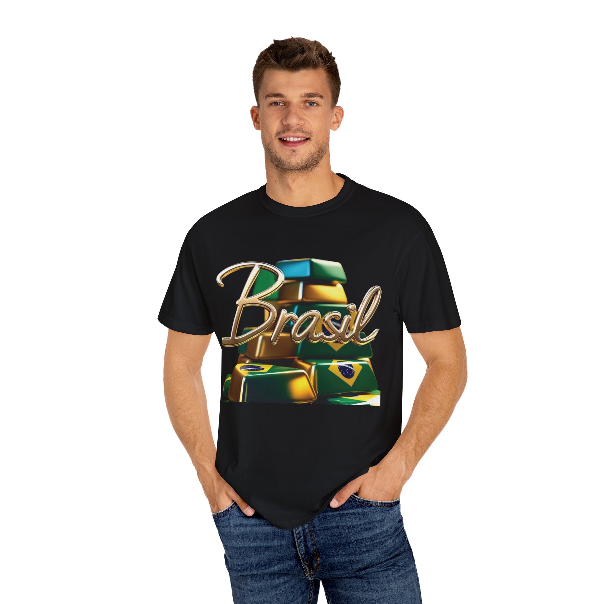 Camiseta unissex tingida com design de barras de ouro do Brasil – perfeita para viajantes e amantes de festivais
