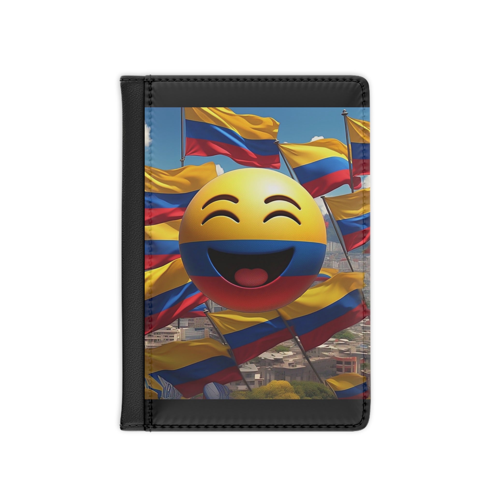 Funda para pasaporte con emojis coloridos, toque colombiano, tema de aventura para viajeros