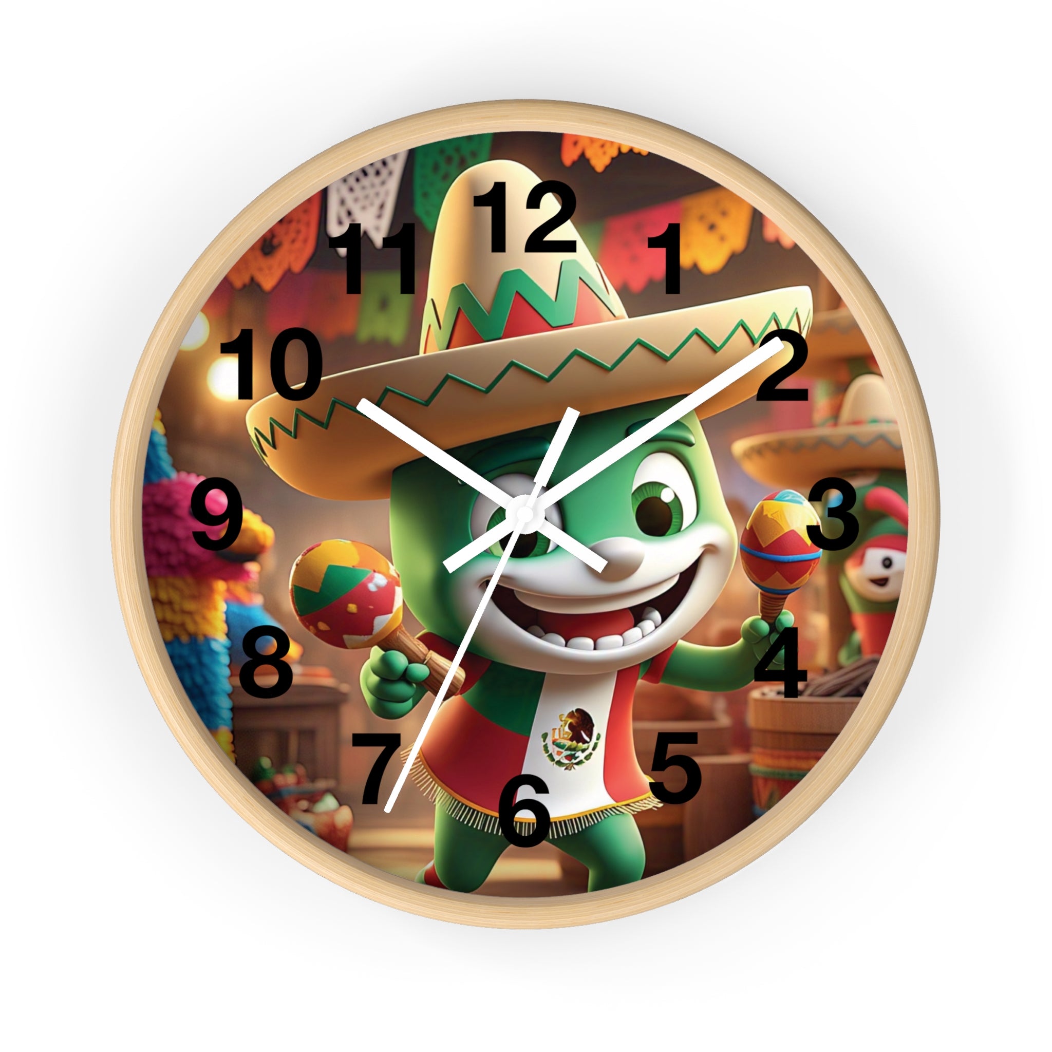 Reloj de pared festivo de temática mexicana con diseño de personajes coloridos