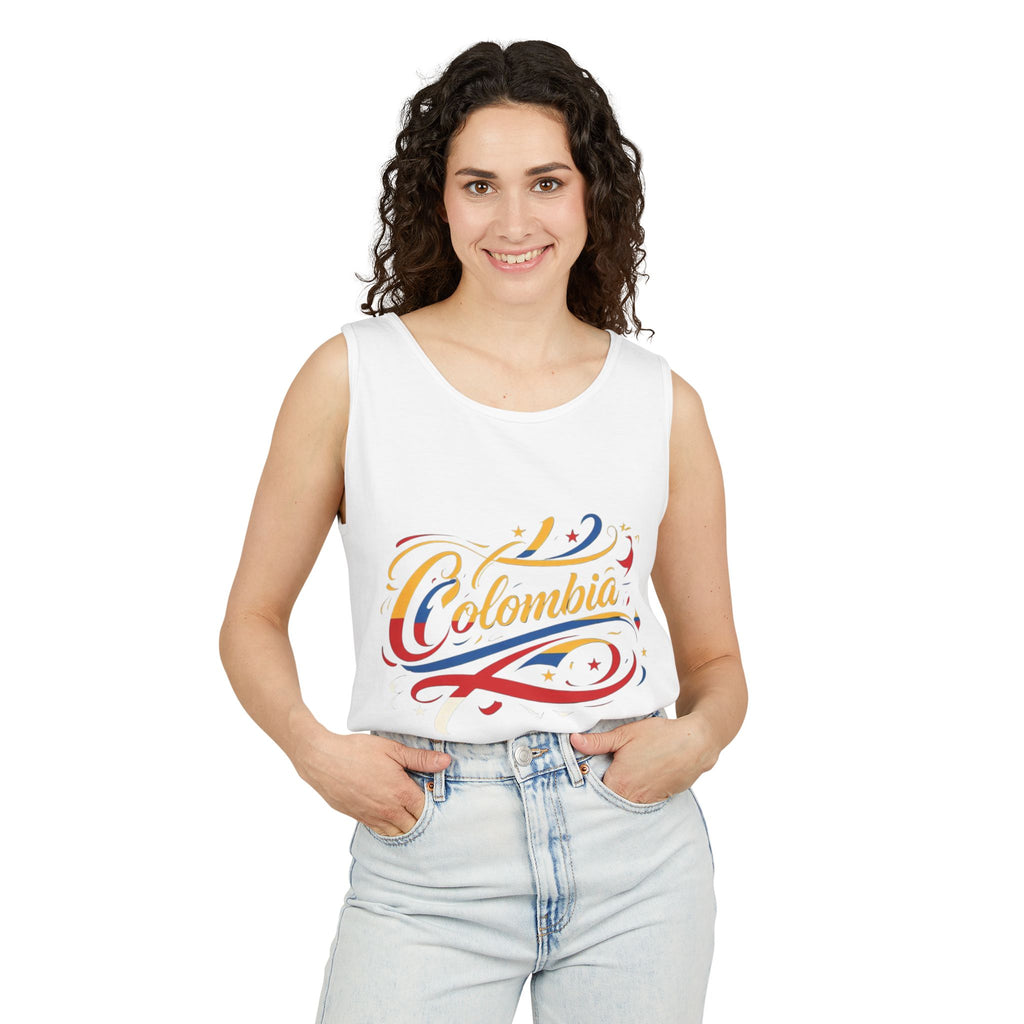 Camiseta sin mangas unisex teñida de Colombia: Celebra la cultura colombiana