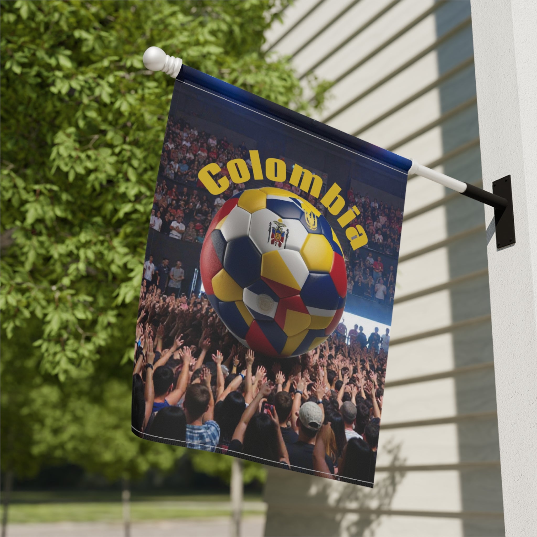 Colombia Soccer Fan Garden Flag – Colombia Text with National Flag Soccer Ball Outdoor Banner