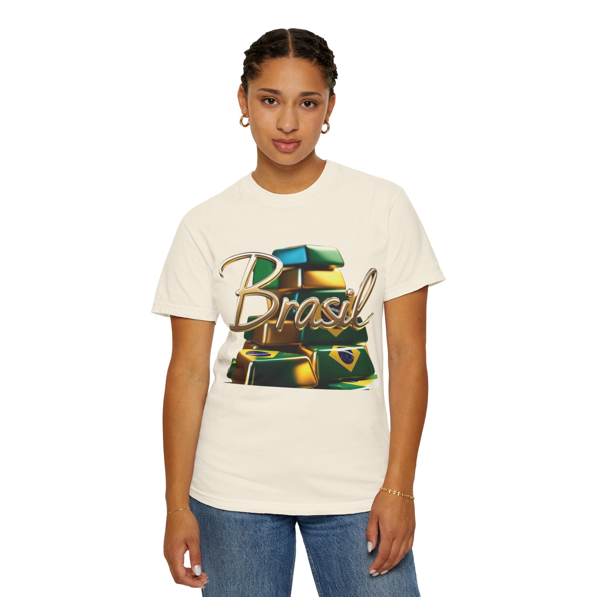 Unisex T-shirt with a Brazilian gold bar design – perfect for travelers and festival lovers