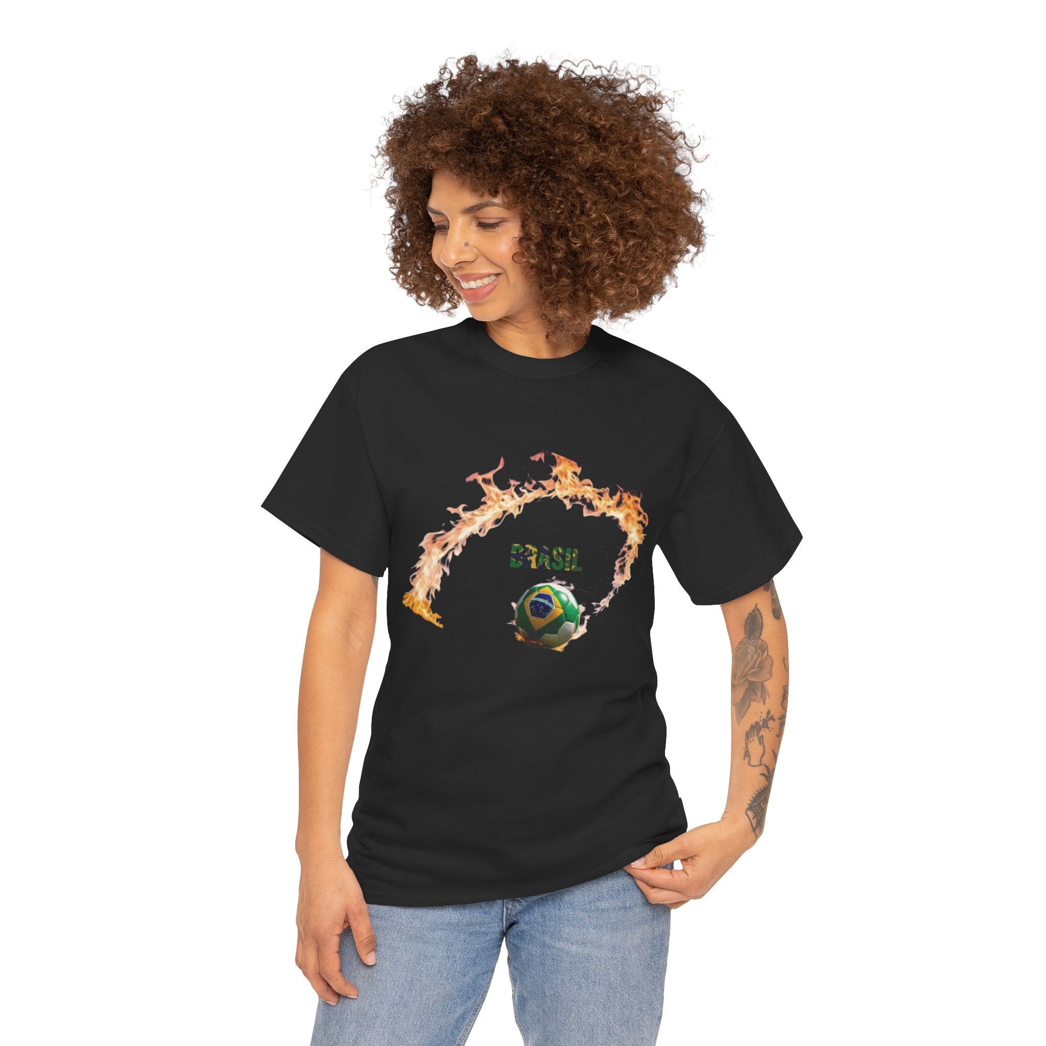 Camiseta unissex de algodão pesado Brazil Soccer Love - estampa divertida para fãs de esportes
