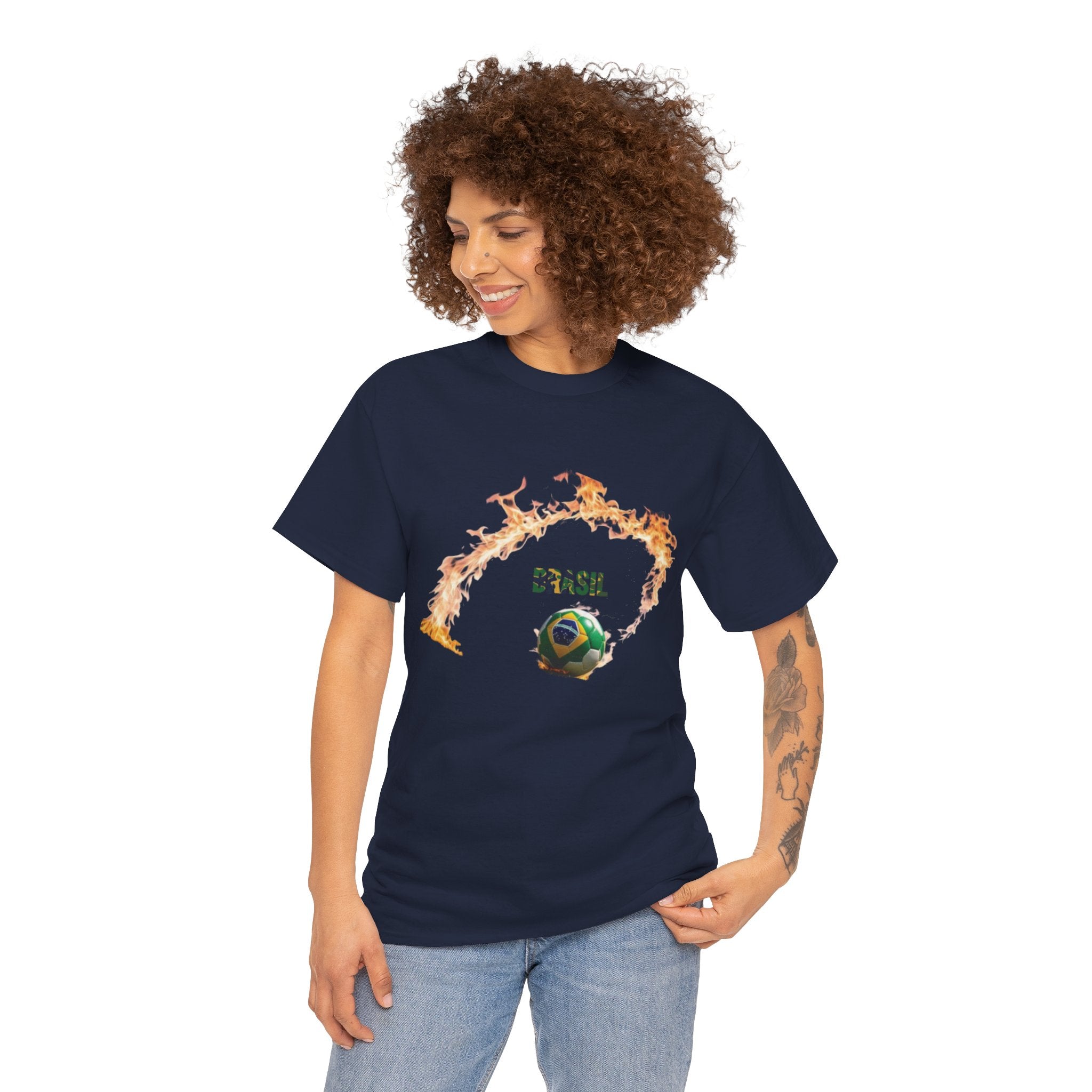 Camiseta unissex de algodão pesado Brazil Soccer Love - estampa divertida para fãs de esportes