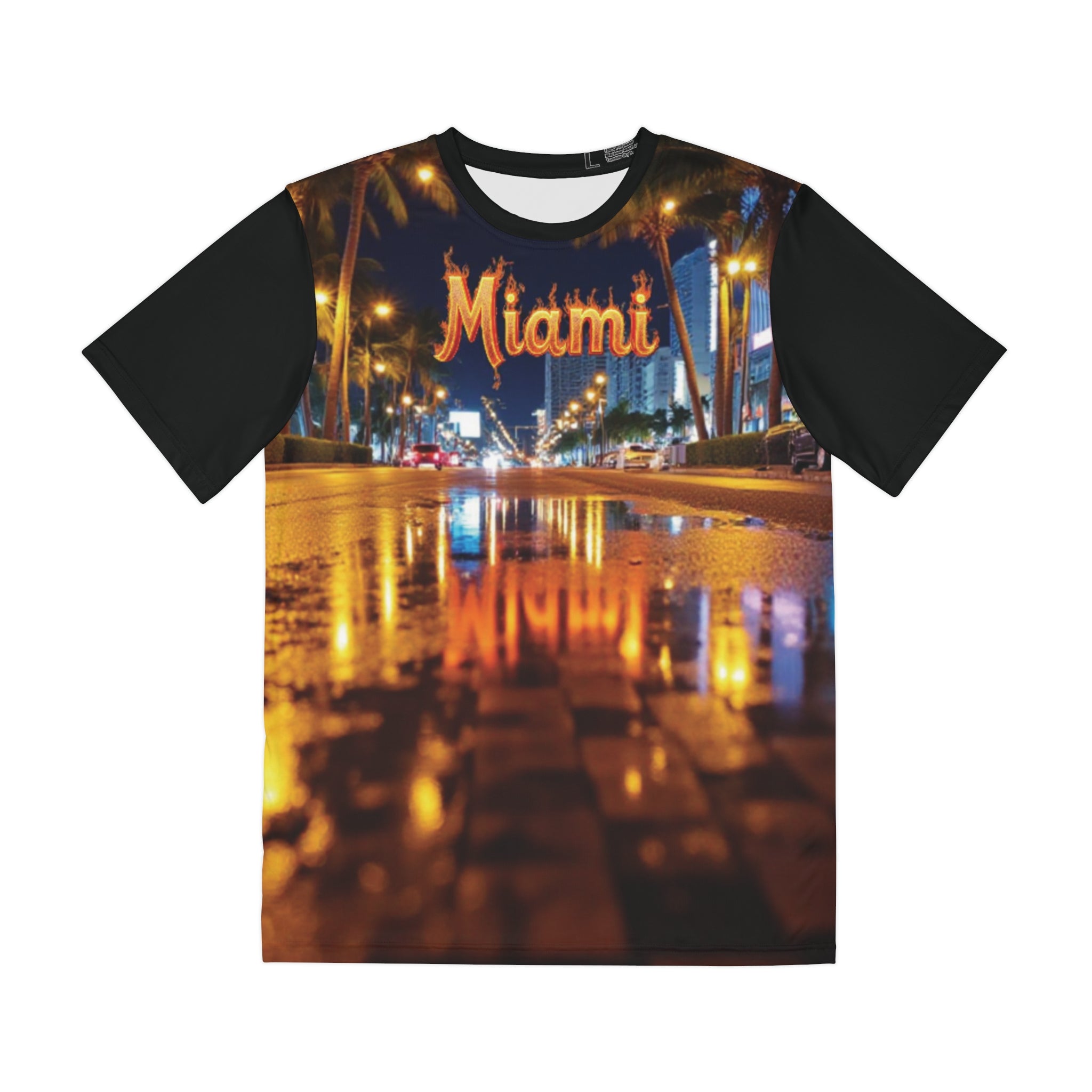 Miami Nightscape Polyester Tee — Neon City Lights Graphic Shirt