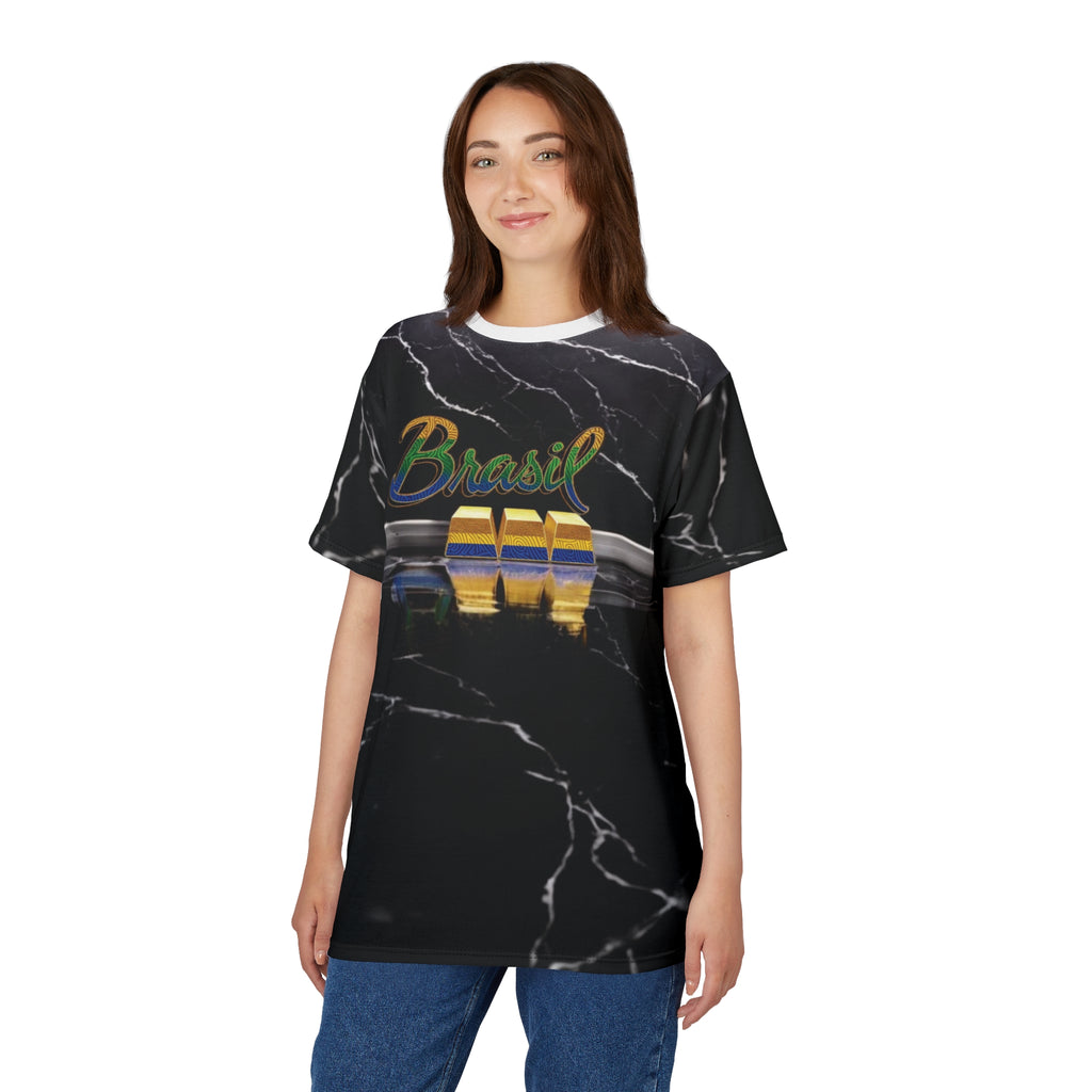 Stylish unisex t-shirt with cutting and sewing - Design do Brasil on marble background