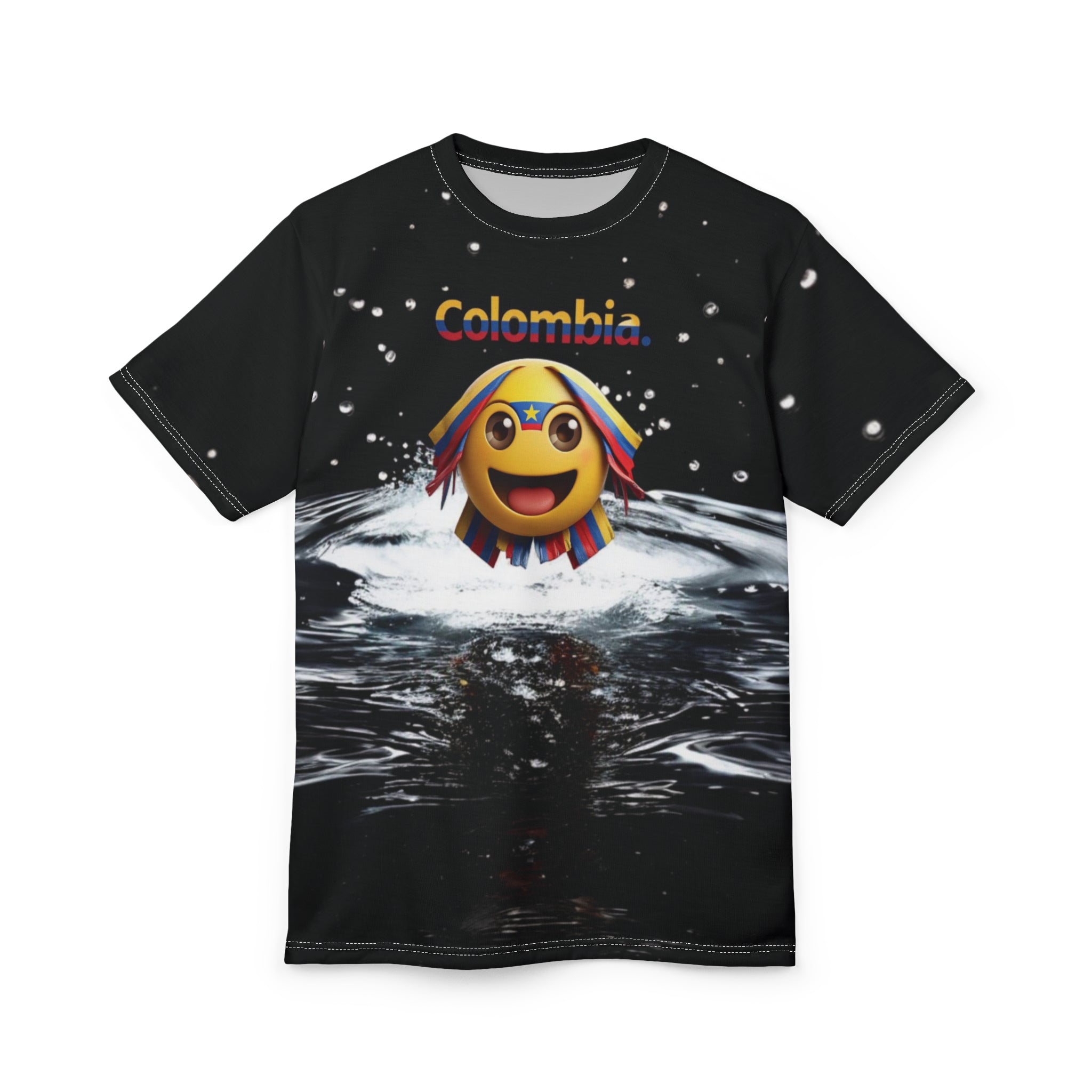 Camiseta unisex con emoji de Colombia y salpicaduras de agua: diseño divertido y vibrante para celebrar.