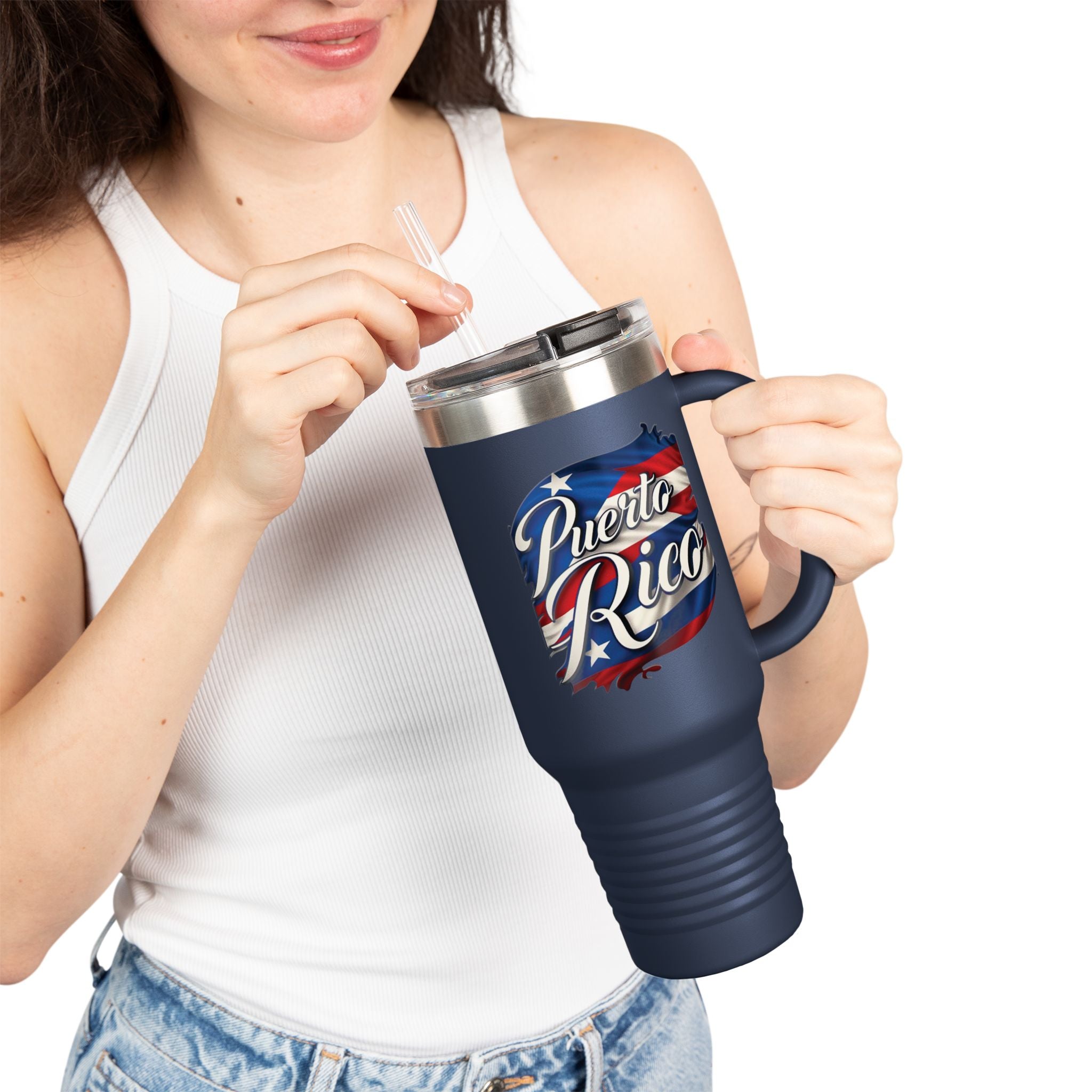 Taza de viaje con aislamiento patriótico de 40 oz, perfecta para aventuras al aire libre o para regalar.