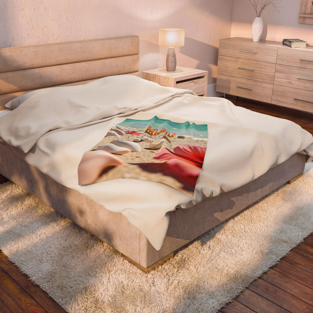 "Miami Playa" Blanket — Shells and Hibiscus, Cozy Tropical Decor for Relaxation