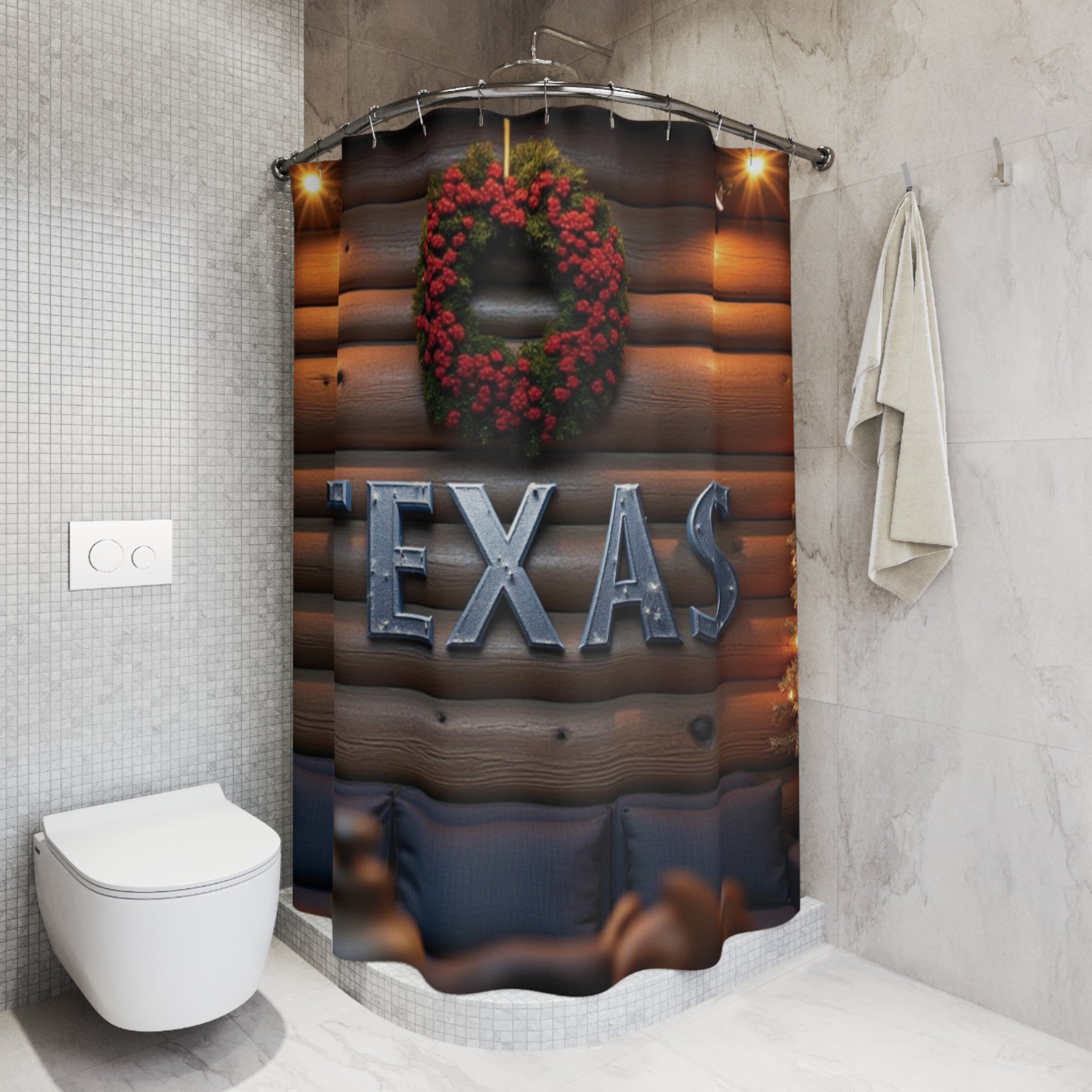 Rustic Texas Wreath Shower Curtain, Cozy Home Decor, Holiday Bathroom Style, Farmhouse Aesthetic, Texas-themed Gift 