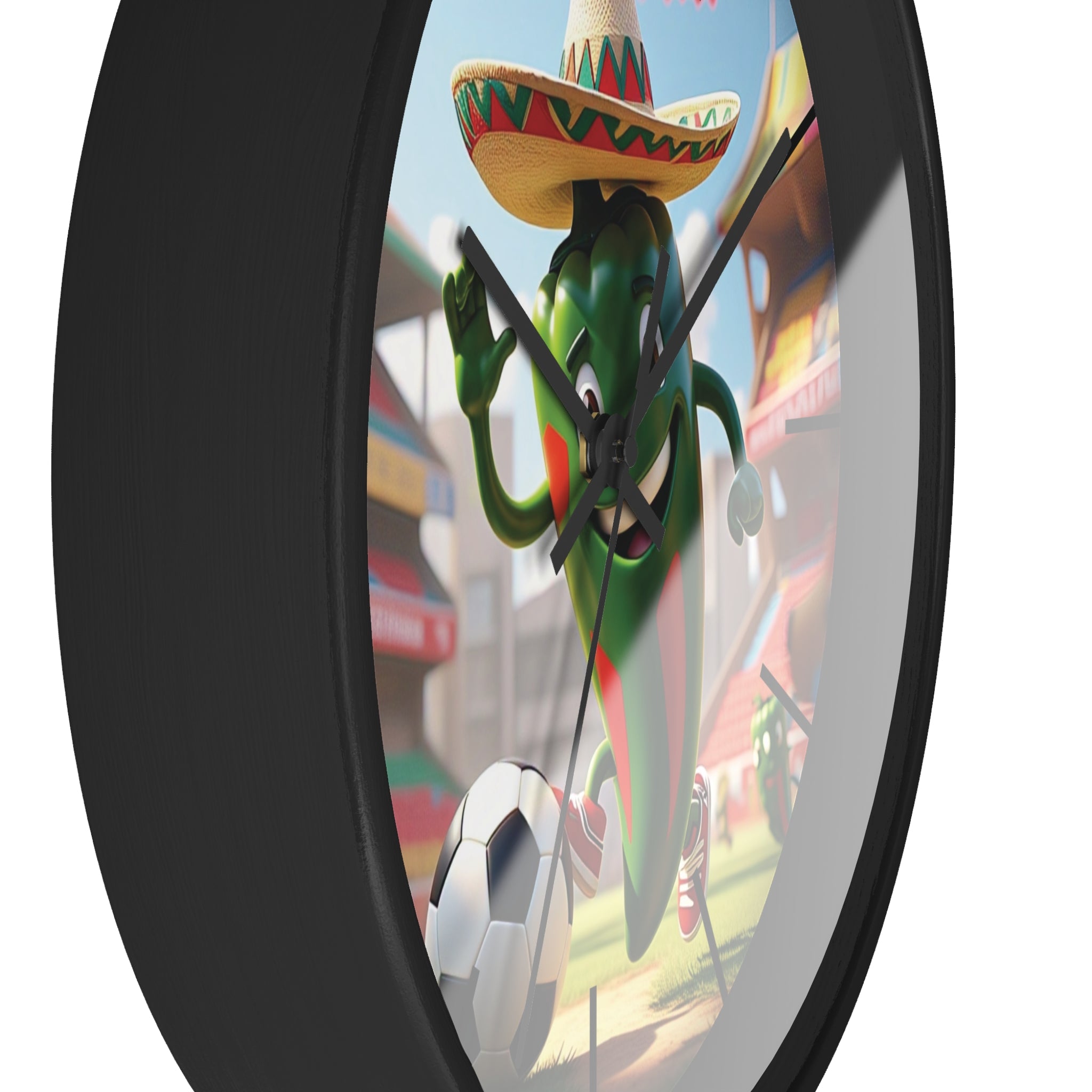 Fun football-themed wall clock with a hot chili character