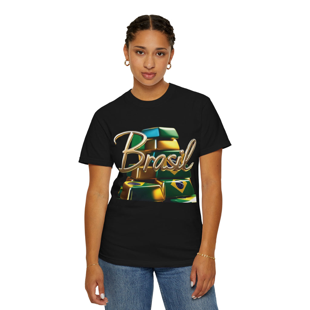 Unisex T-shirt with a Brazilian gold bar design – perfect for travelers and festival lovers