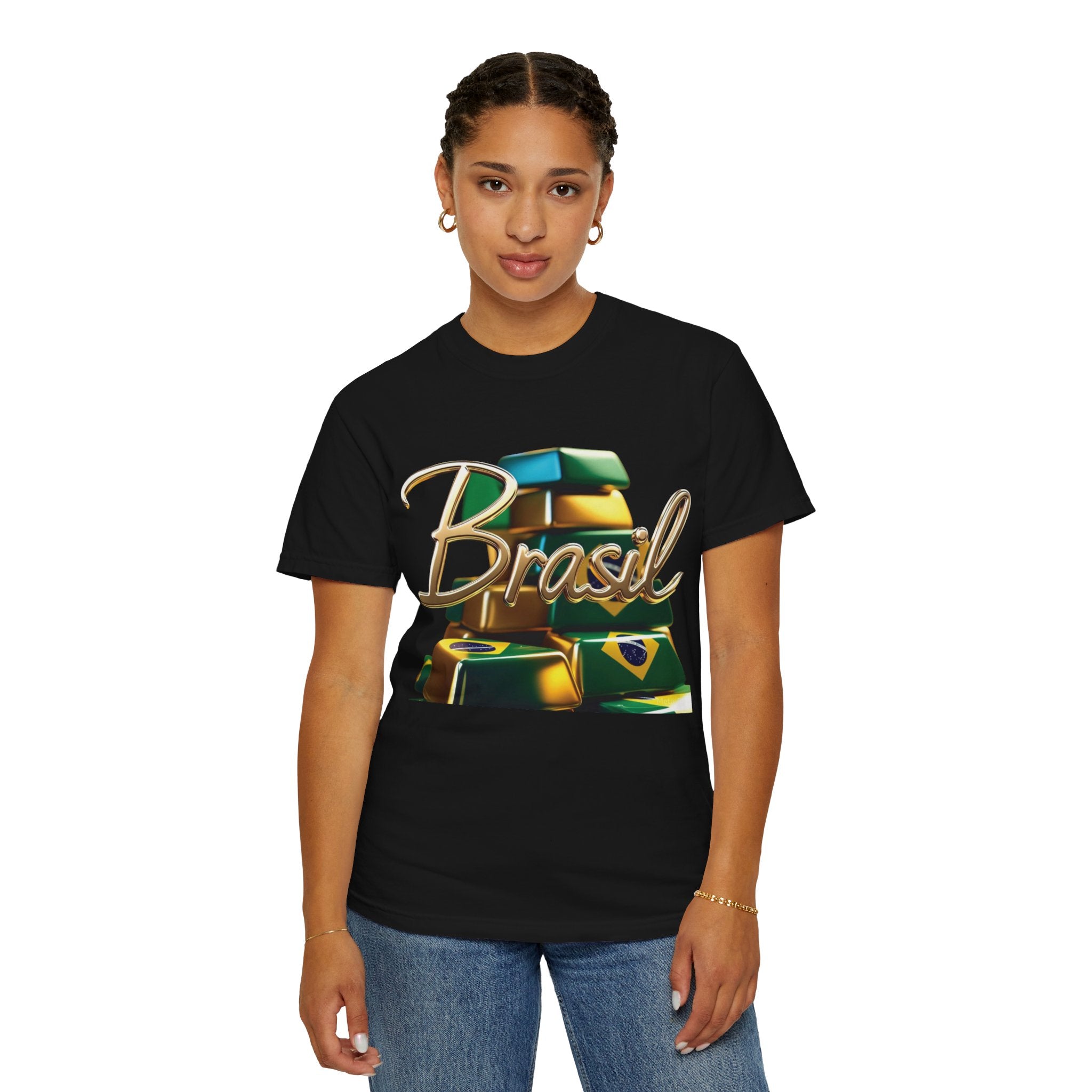 Unisex T-shirt with a Brazilian gold bar design – perfect for travelers and festival lovers