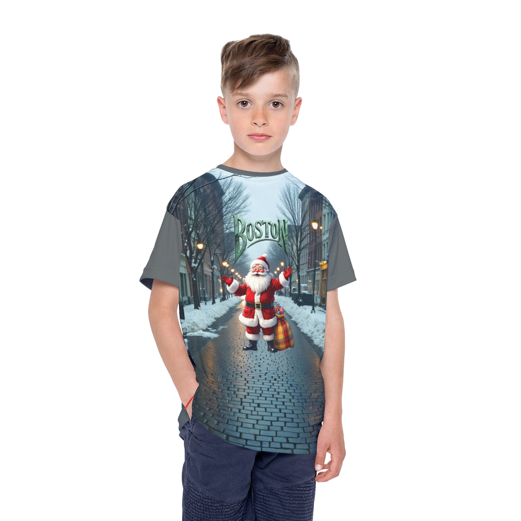 Kids Jersey, Boston Santa Christmas Tee, Youth Holiday Shirt, Festive Apparel,