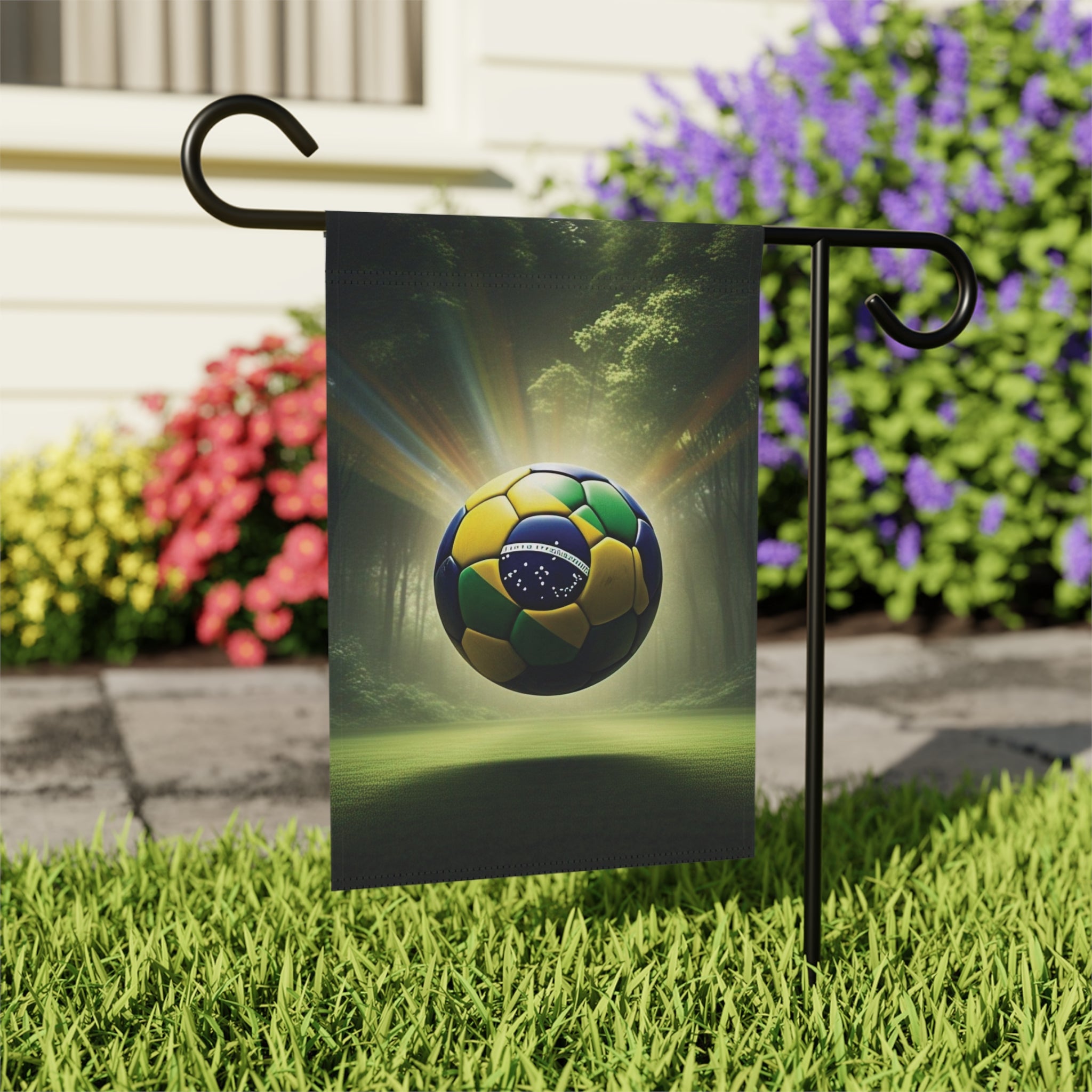 Brazil Flag Soccer Ball Garden Flag — Outdoor House Banner for Football Fans
