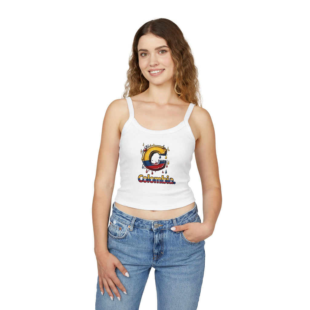 Camiseta sin mangas para mujer de inspiración colombiana: tirantes finos y diseño colorido