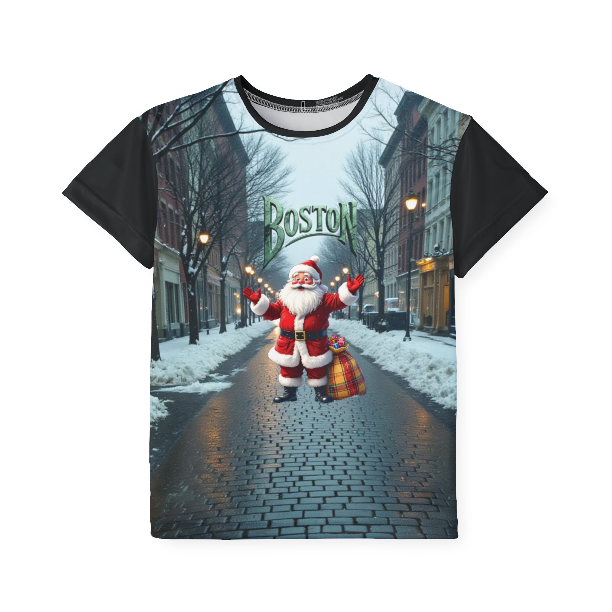 Kids Sports Jersey, Boston Santa Christmas Tee, Youth Holiday Shirt, Festive Apparel, Christmas Gift for Kids