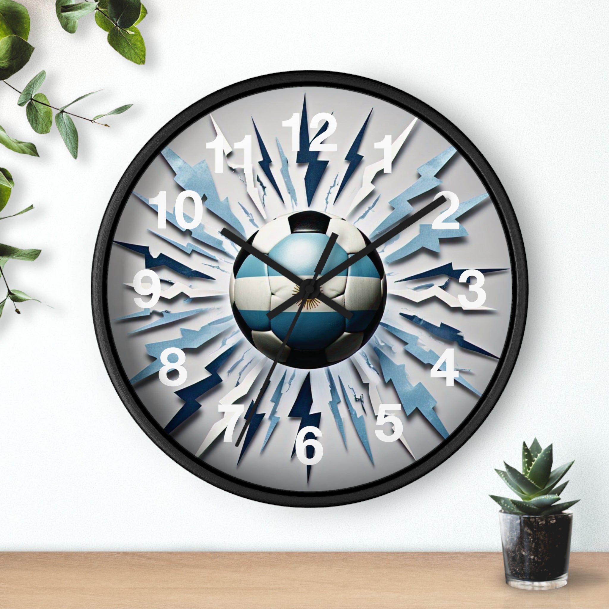Reloj de pared con balón de fútbol, diseño de bandera argentina para aficionados al deporte, reloj vibrante con temática de fútbol, explosión de fútbol