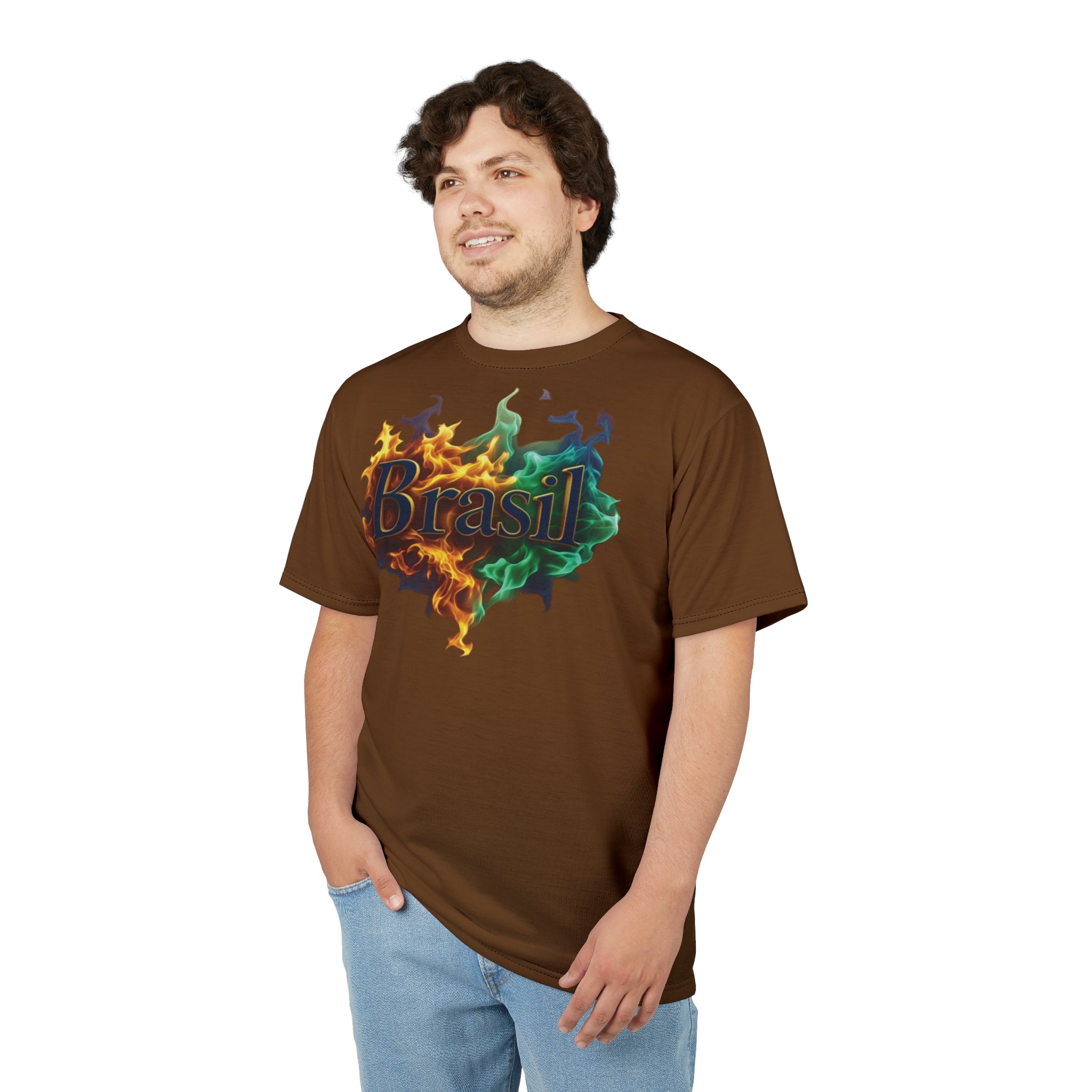 Camiseta Vibrant Brasil Flame - Camiseta unissex cortada e costurada para festivais e comemorações