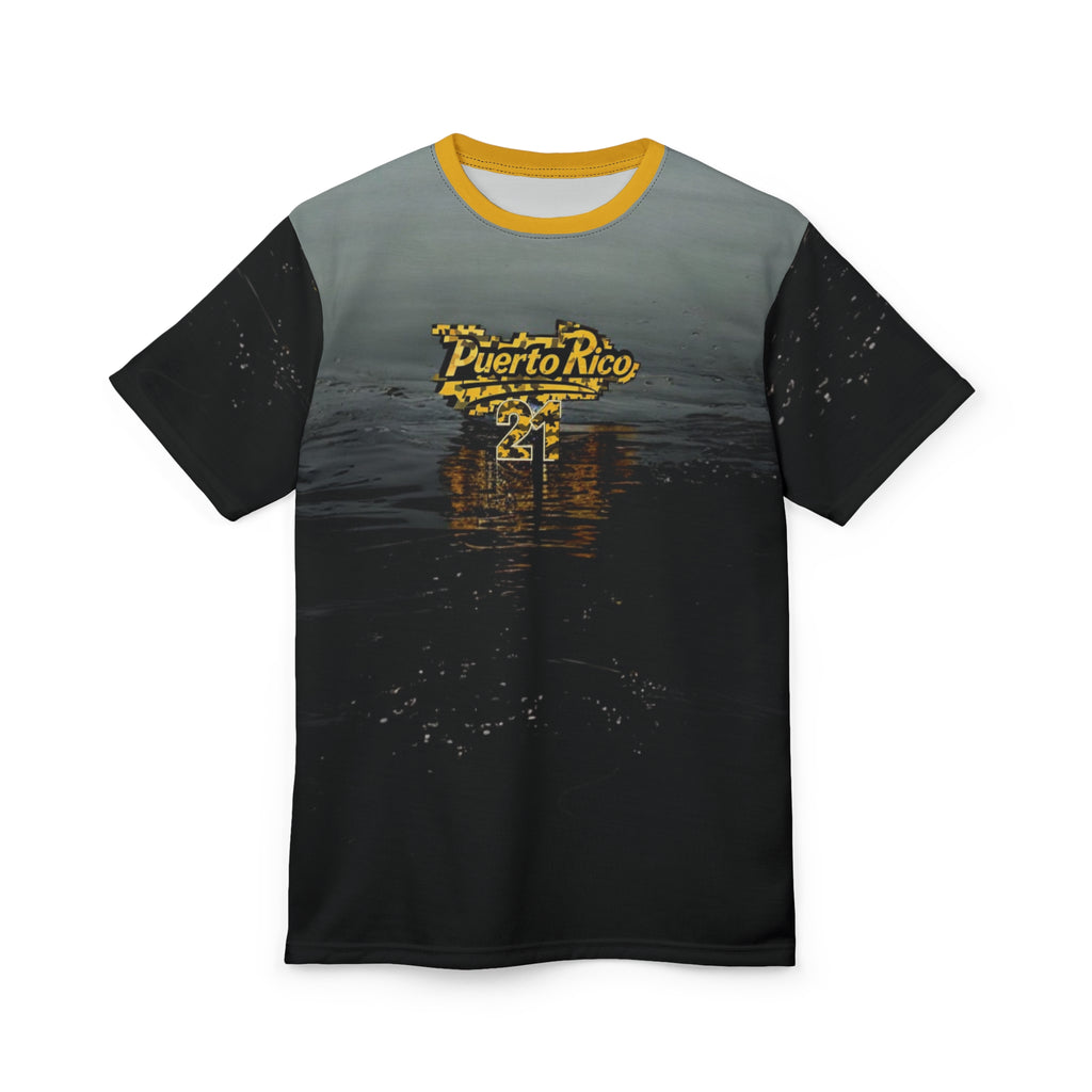 Camiseta unisex con diseño de atardecer de Puerto Rico, ideal para días de playa y celebraciones.