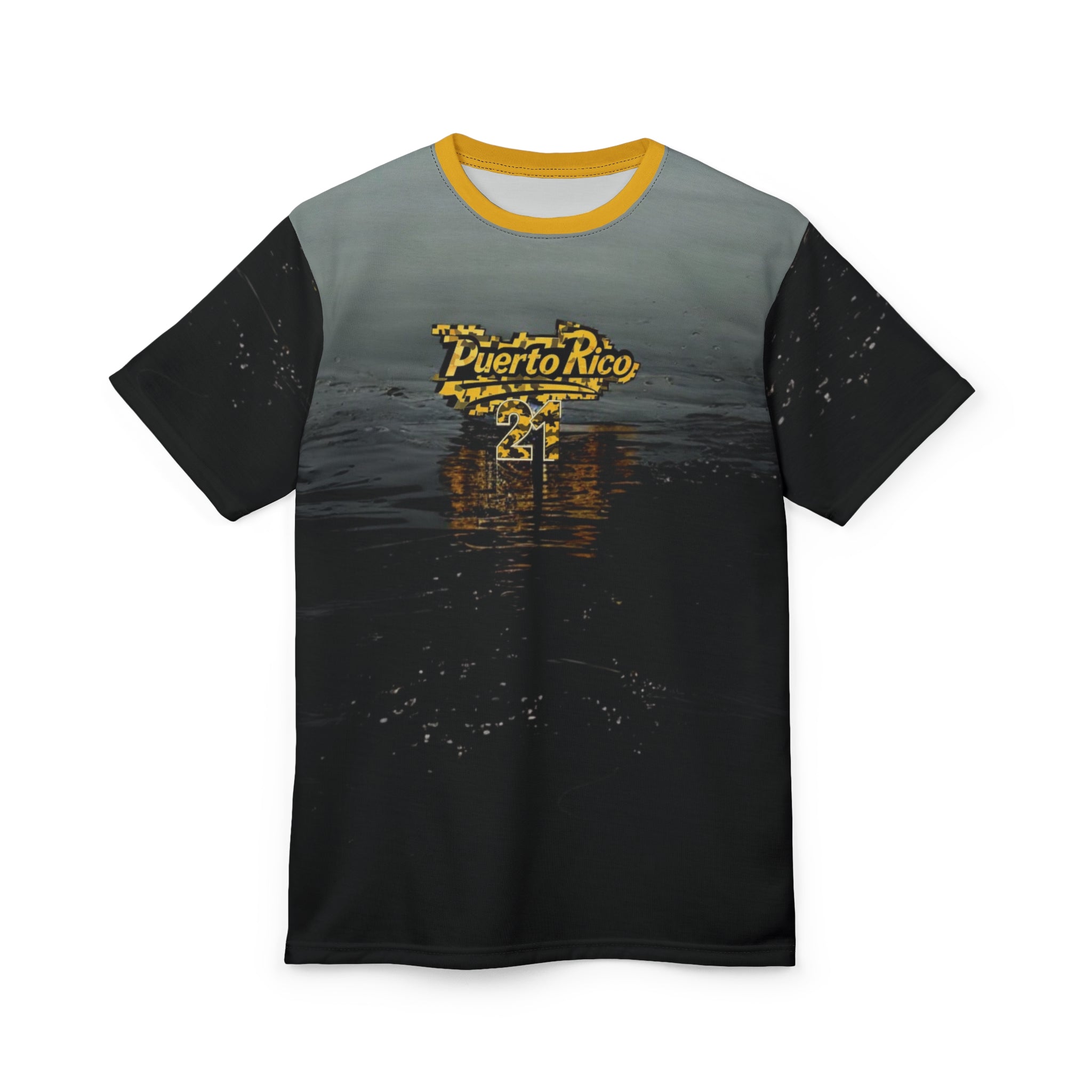 Camiseta unisex con diseño de atardecer de Puerto Rico, ideal para días de playa y celebraciones.